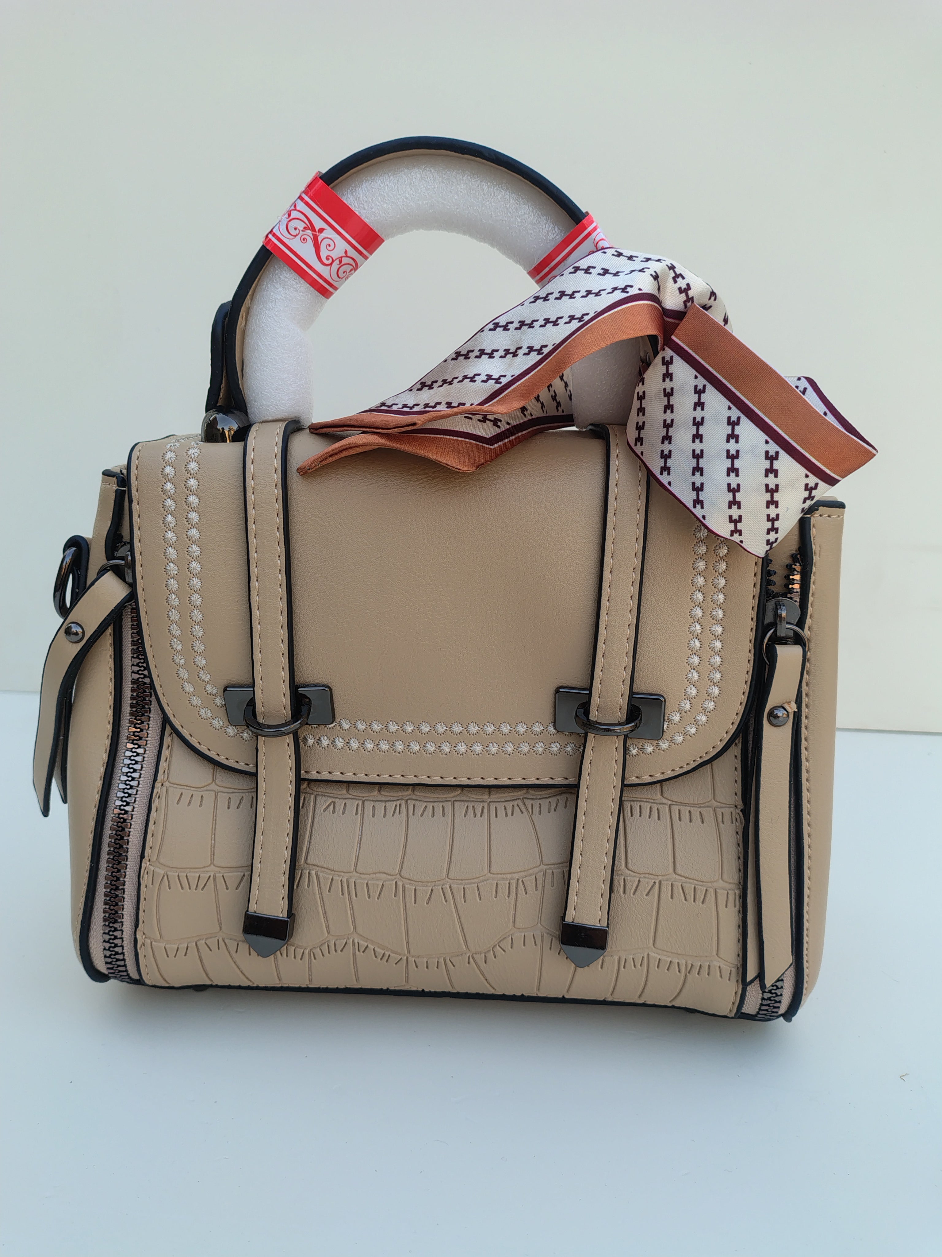Beige Structured Handbag with Printed Scarf – Croc Texture Finish