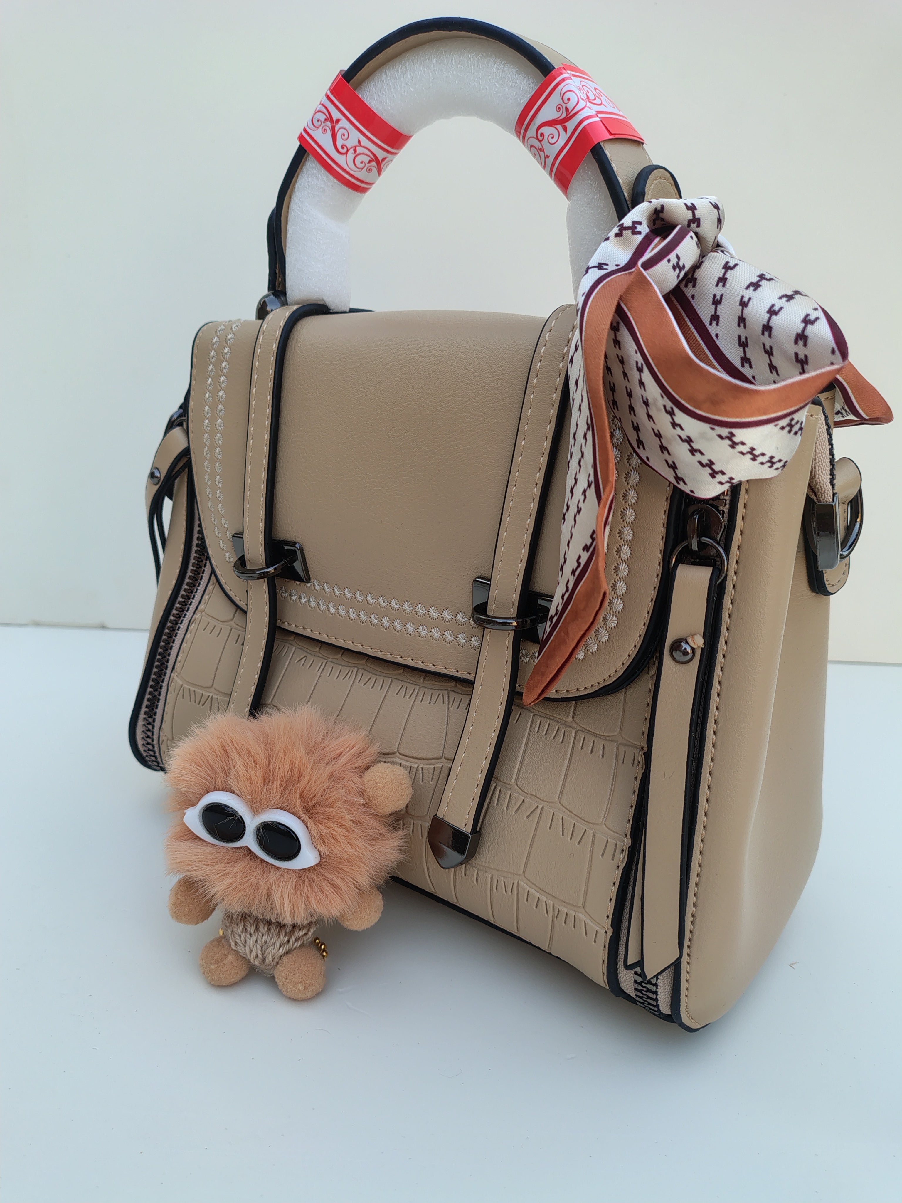 Beige Structured Handbag with Printed Scarf – Croc Texture Finish