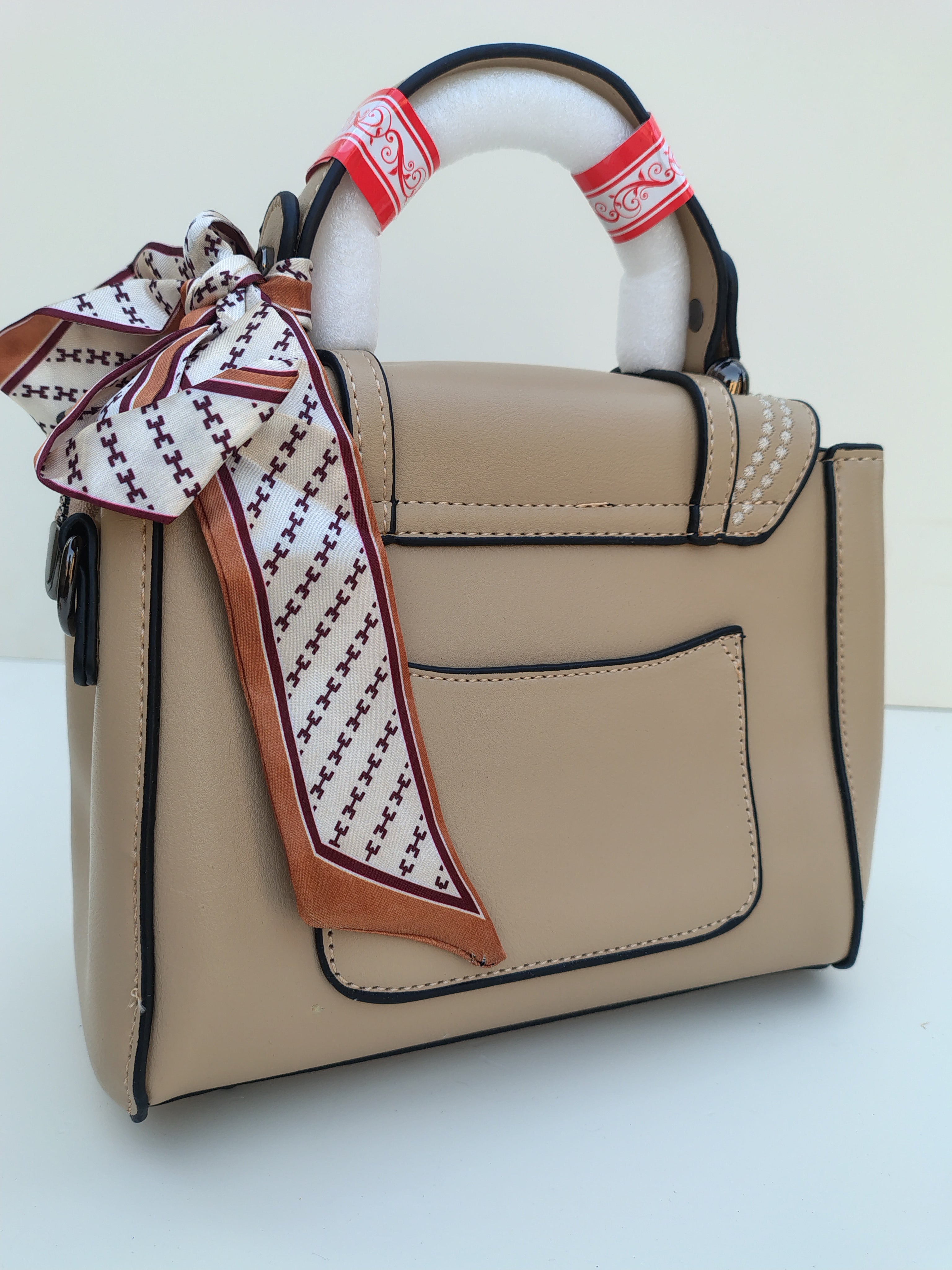 Beige Structured Handbag with Printed Scarf – Croc Texture Finish