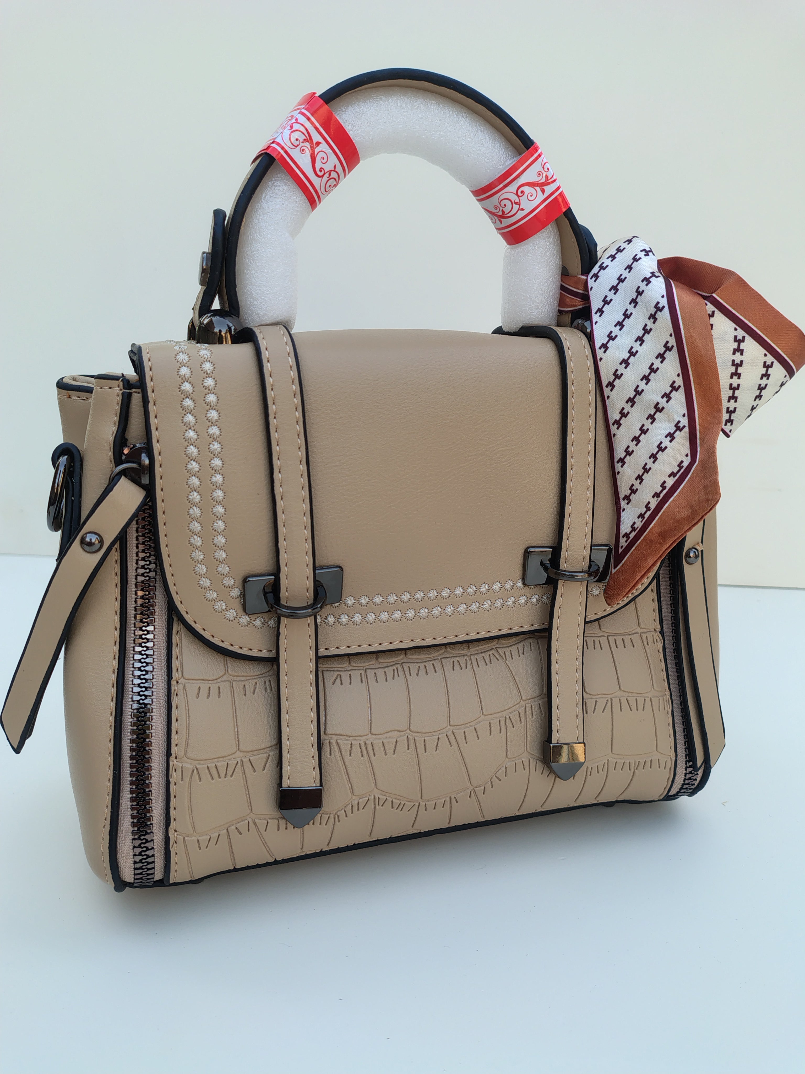 Beige Structured Handbag with Printed Scarf – Croc Texture Finish