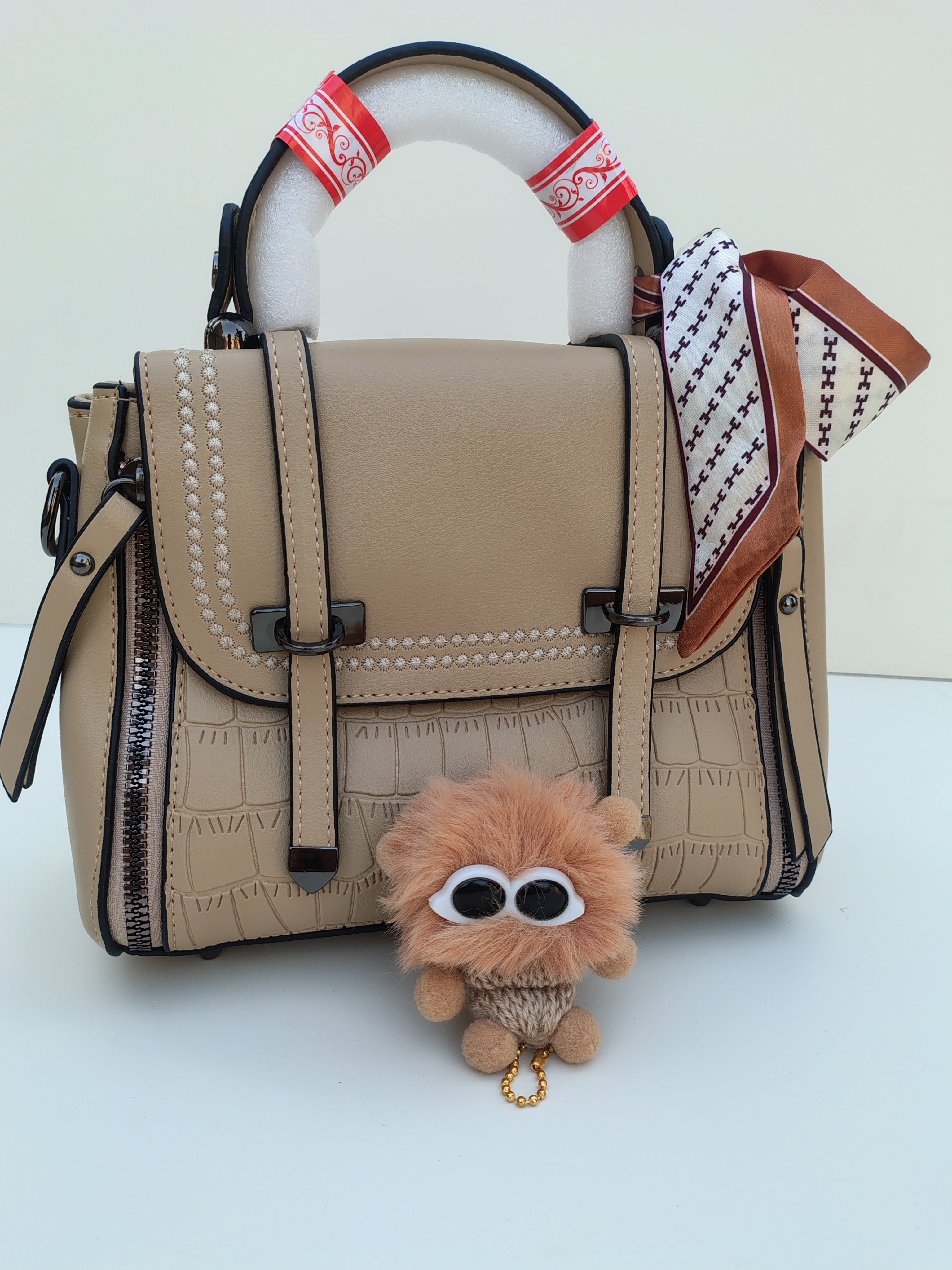 Beige Structured Handbag with Printed Scarf – Croc Texture Finish