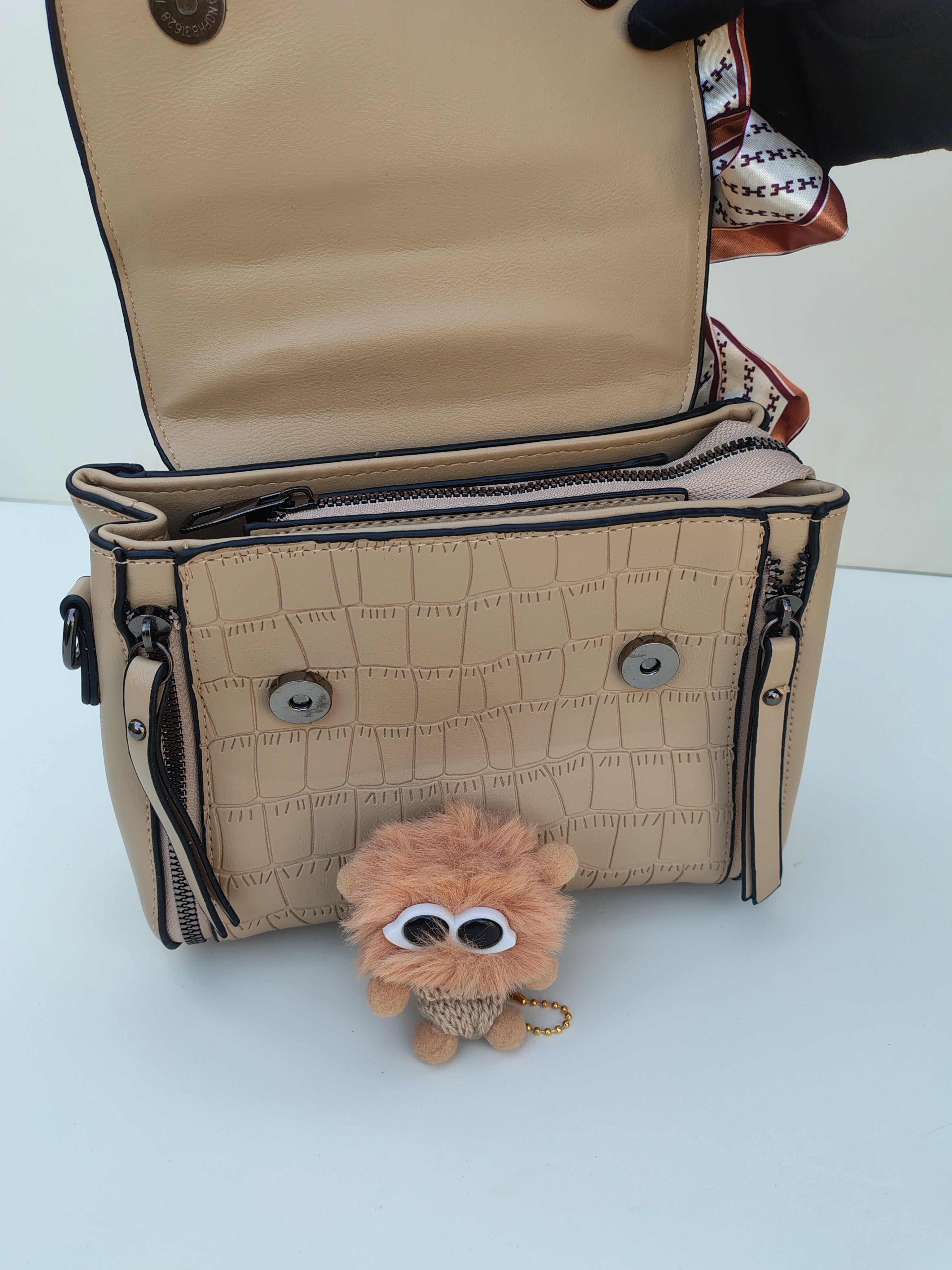 Beige Structured Handbag with Printed Scarf – Croc Texture Finish