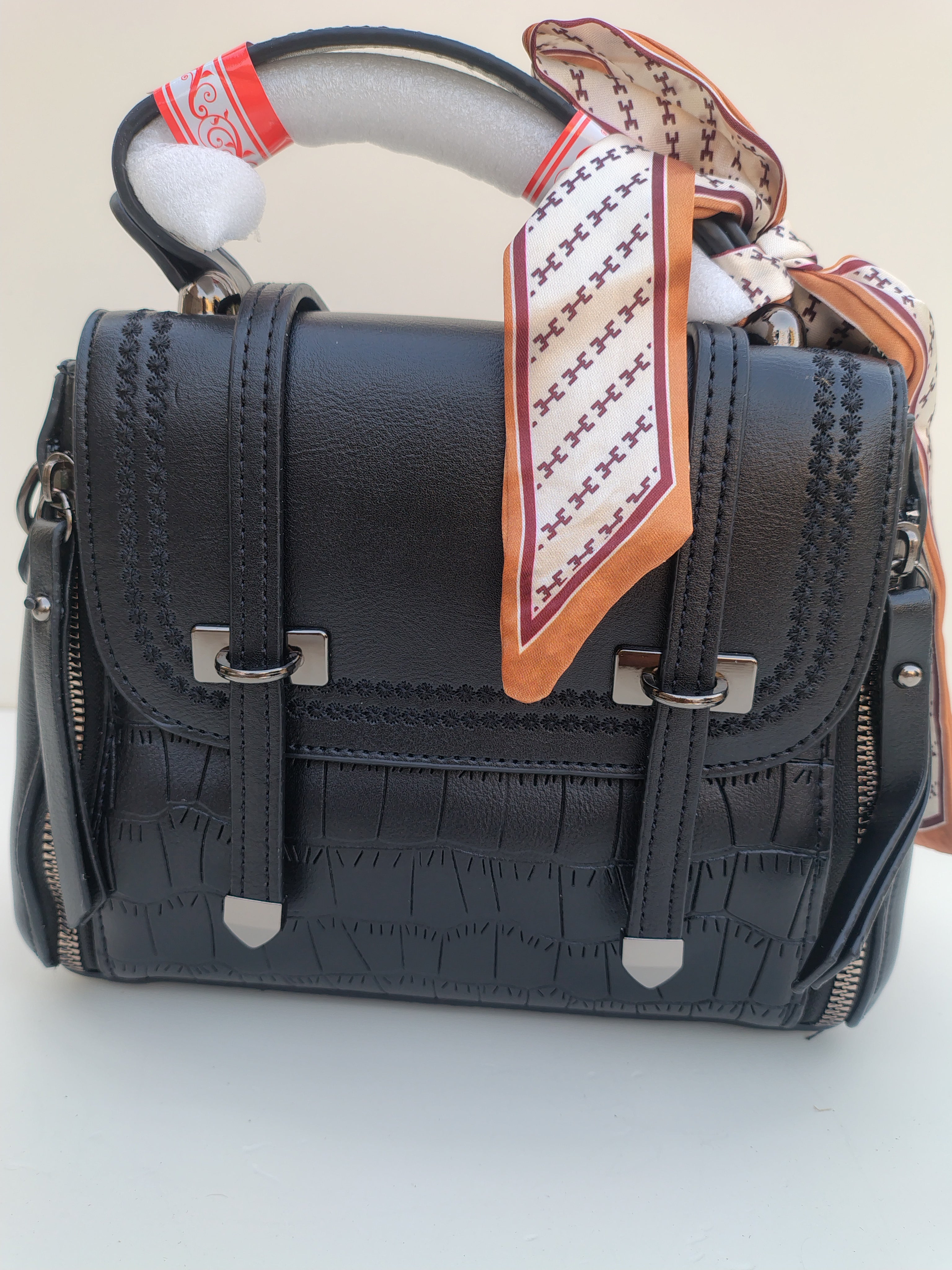 Black Structured Handbag with Printed Scarf – Croc Texture Finish