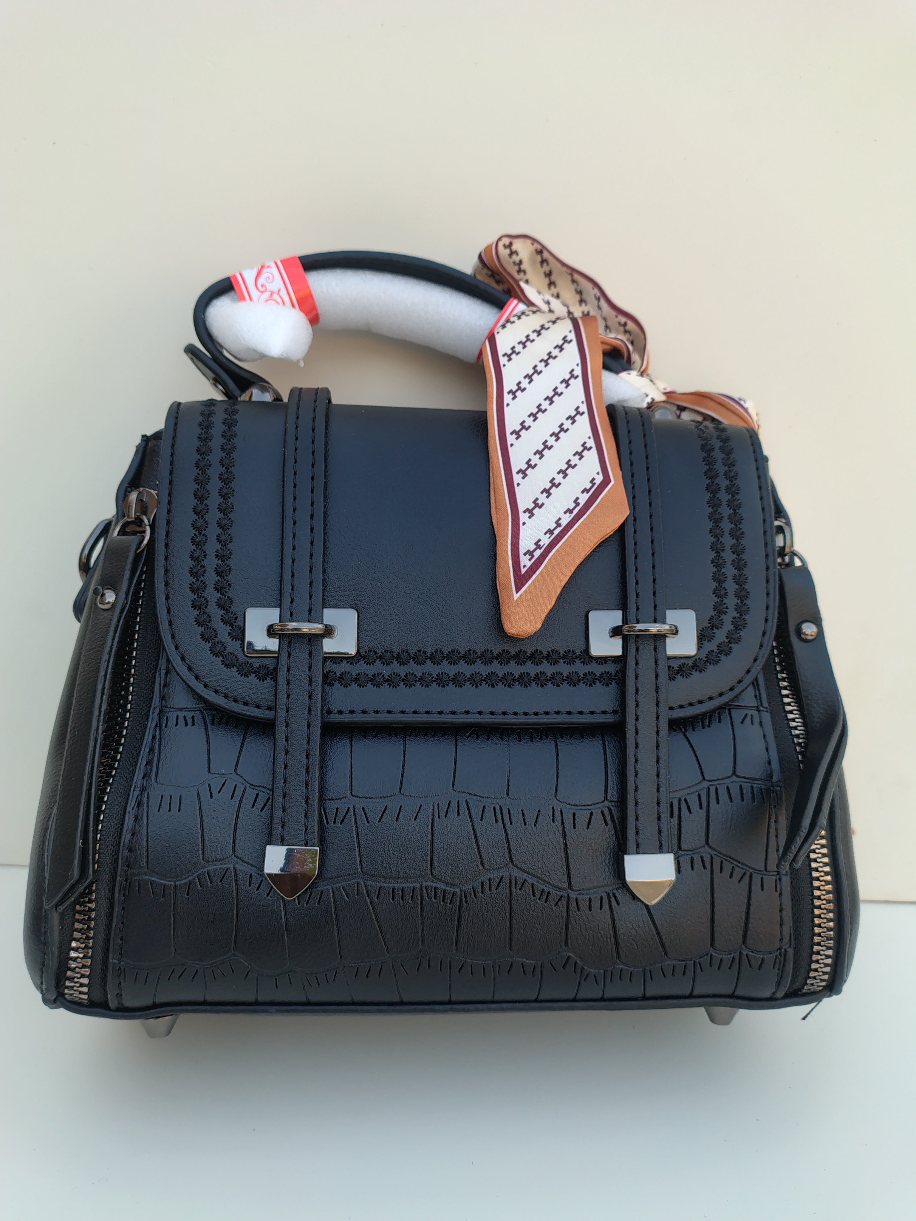 Black Structured Handbag with Printed Scarf – Croc Texture Finish