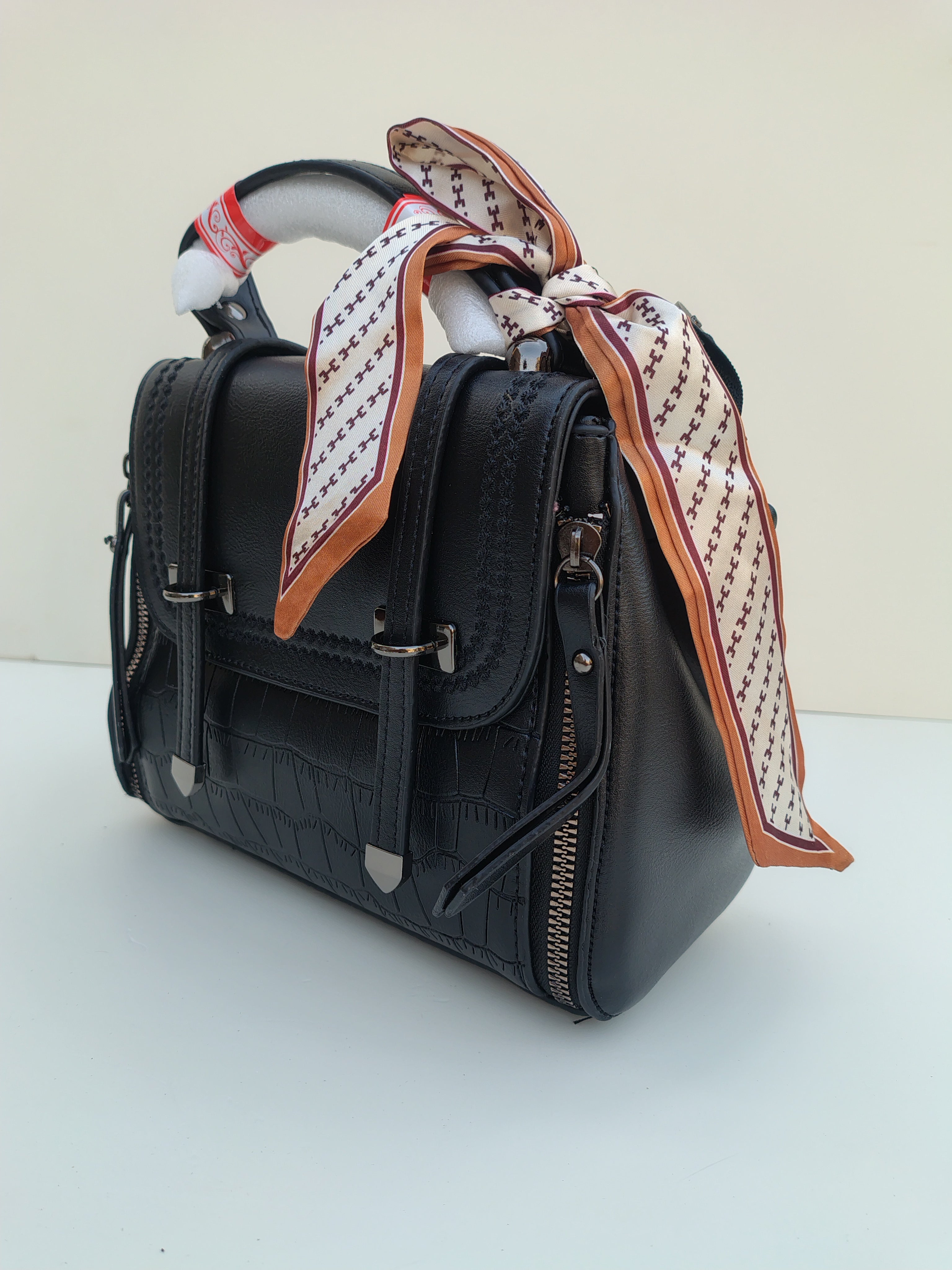 Black Structured Handbag with Printed Scarf – Croc Texture Finish