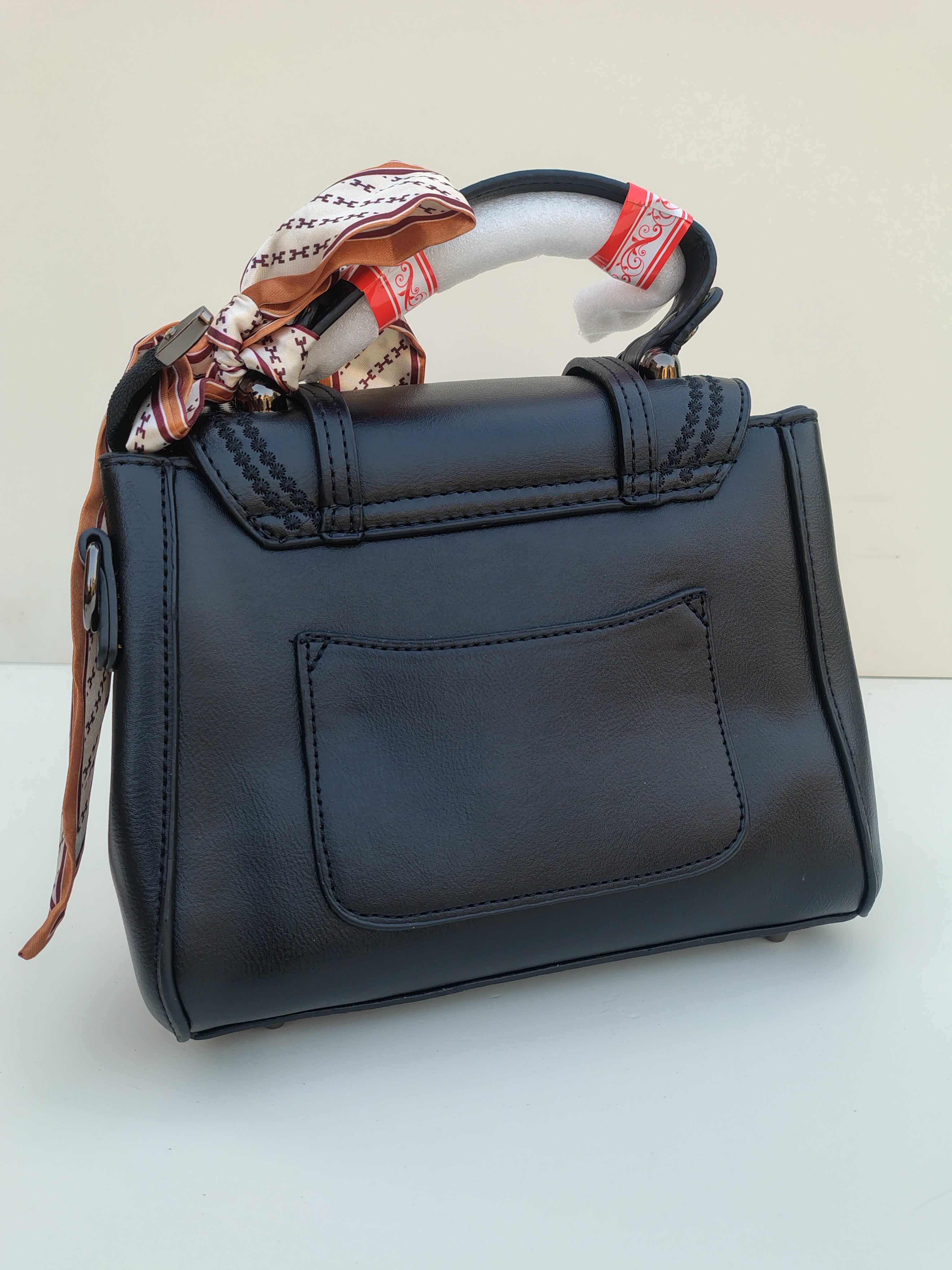 Black Structured Handbag with Printed Scarf – Croc Texture Finish