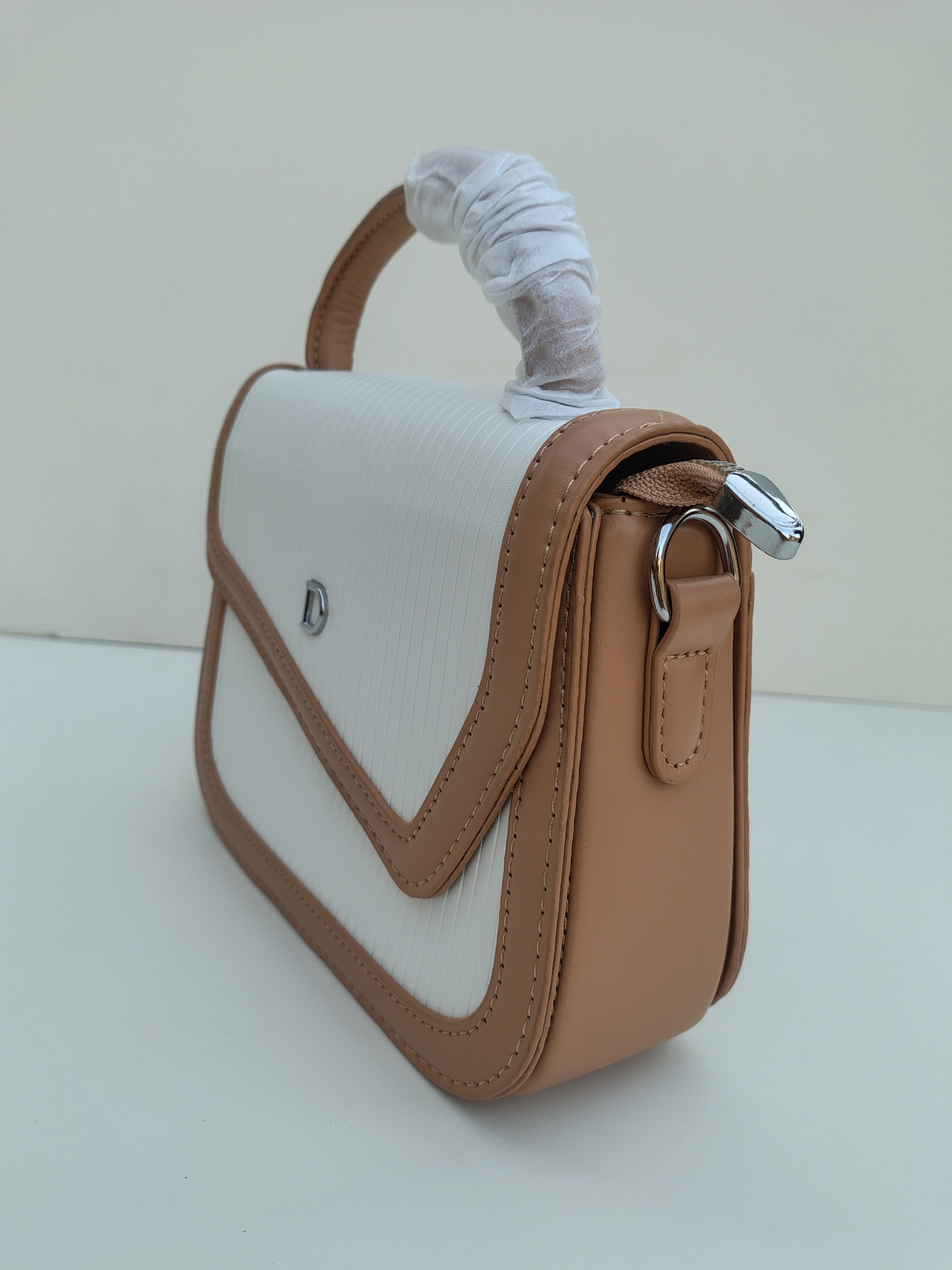 White & Tan “D” Handbag with Colorful Scarf – Asymmetric Flap Design