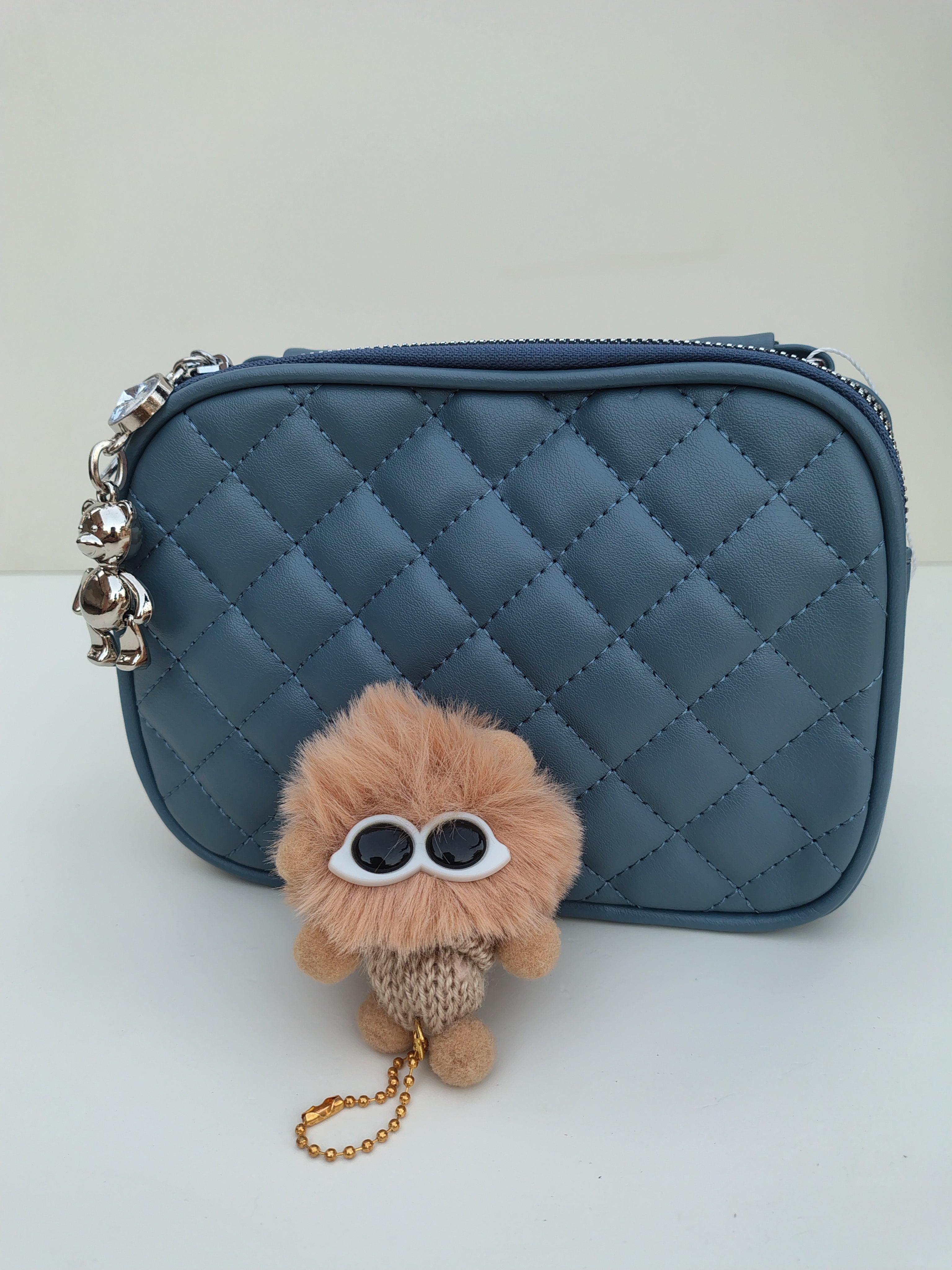 Navy Blue Quilted Crossbody Bag – Charm Detail with Wide “LOVE” Strap