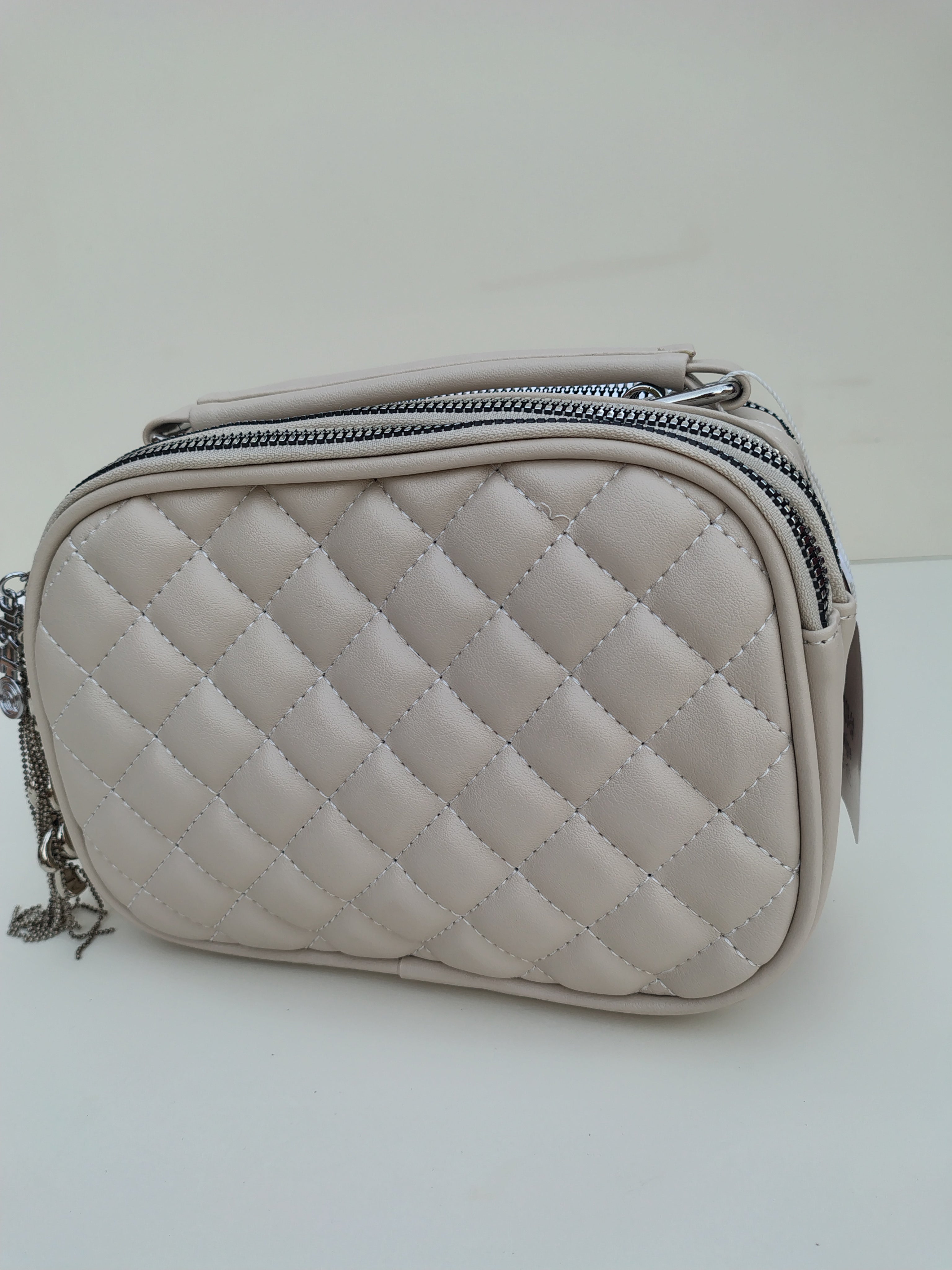 Beige Quilted Crossbody Bag – Dual Zip with Silver Charm Accent