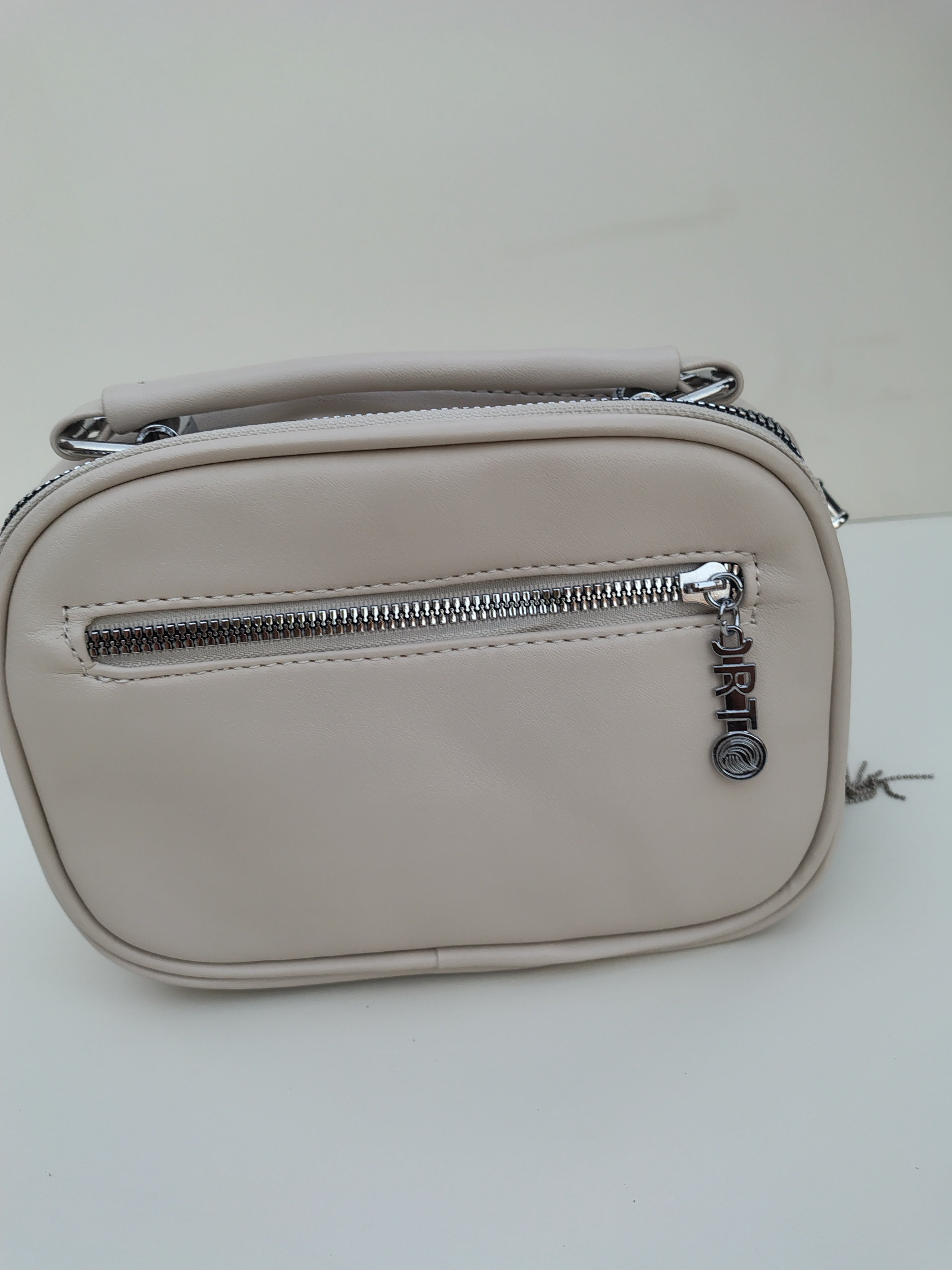 Beige Quilted Crossbody Bag – Dual Zip with Silver Charm Accent