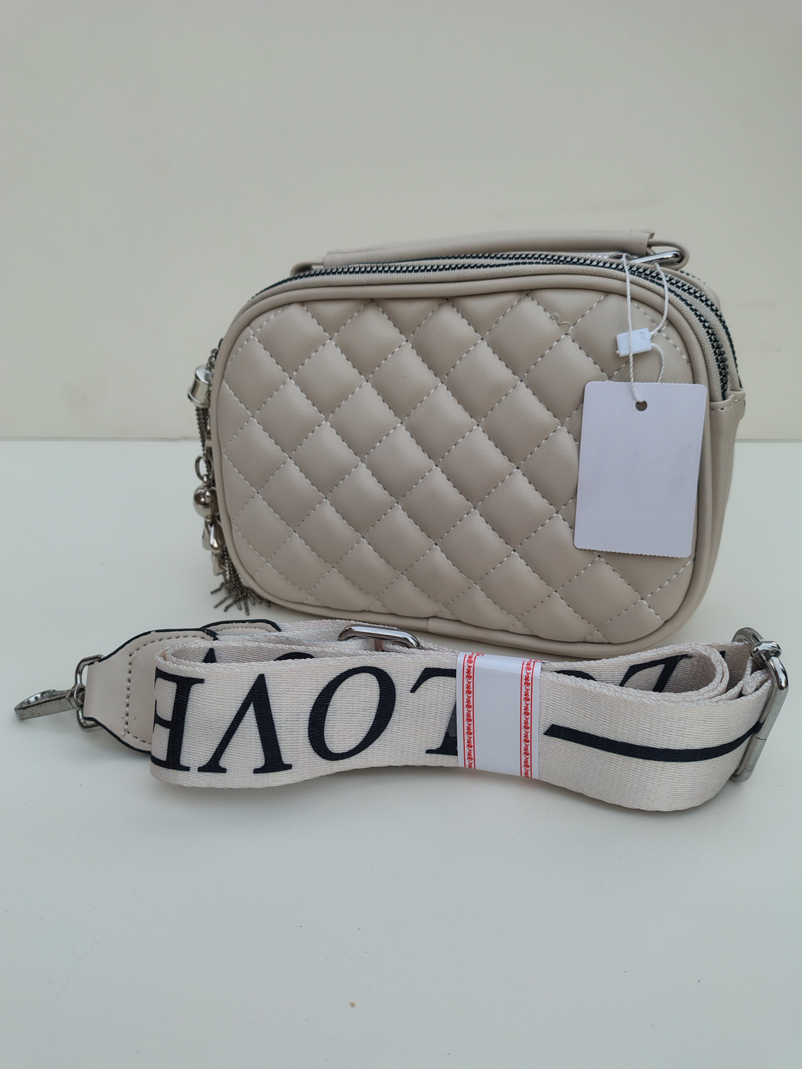 Beige Quilted Crossbody Bag – Dual Zip with Silver Charm Accent