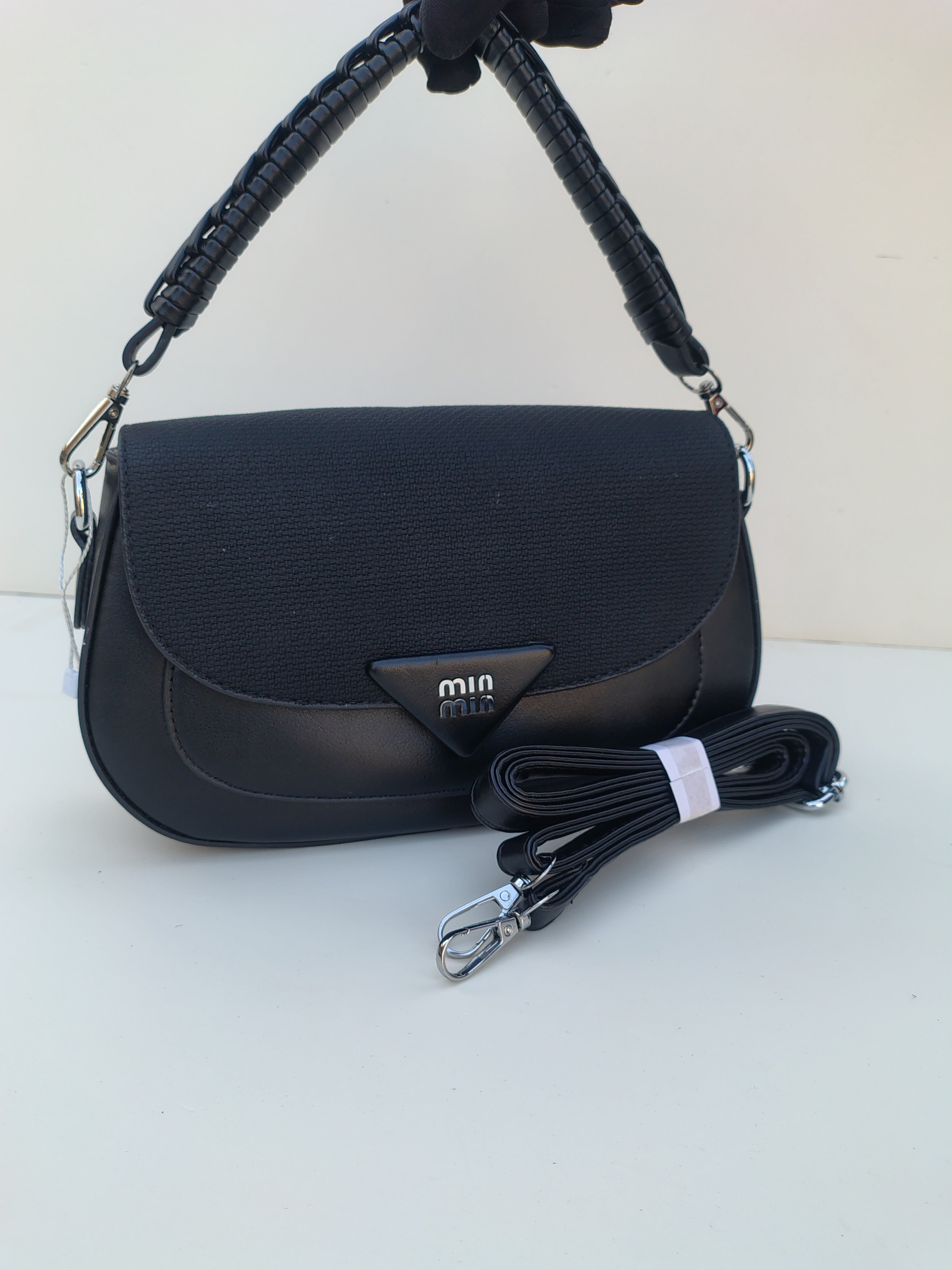Black Shoulder Handbag – MinMin Design with Textured Flap
