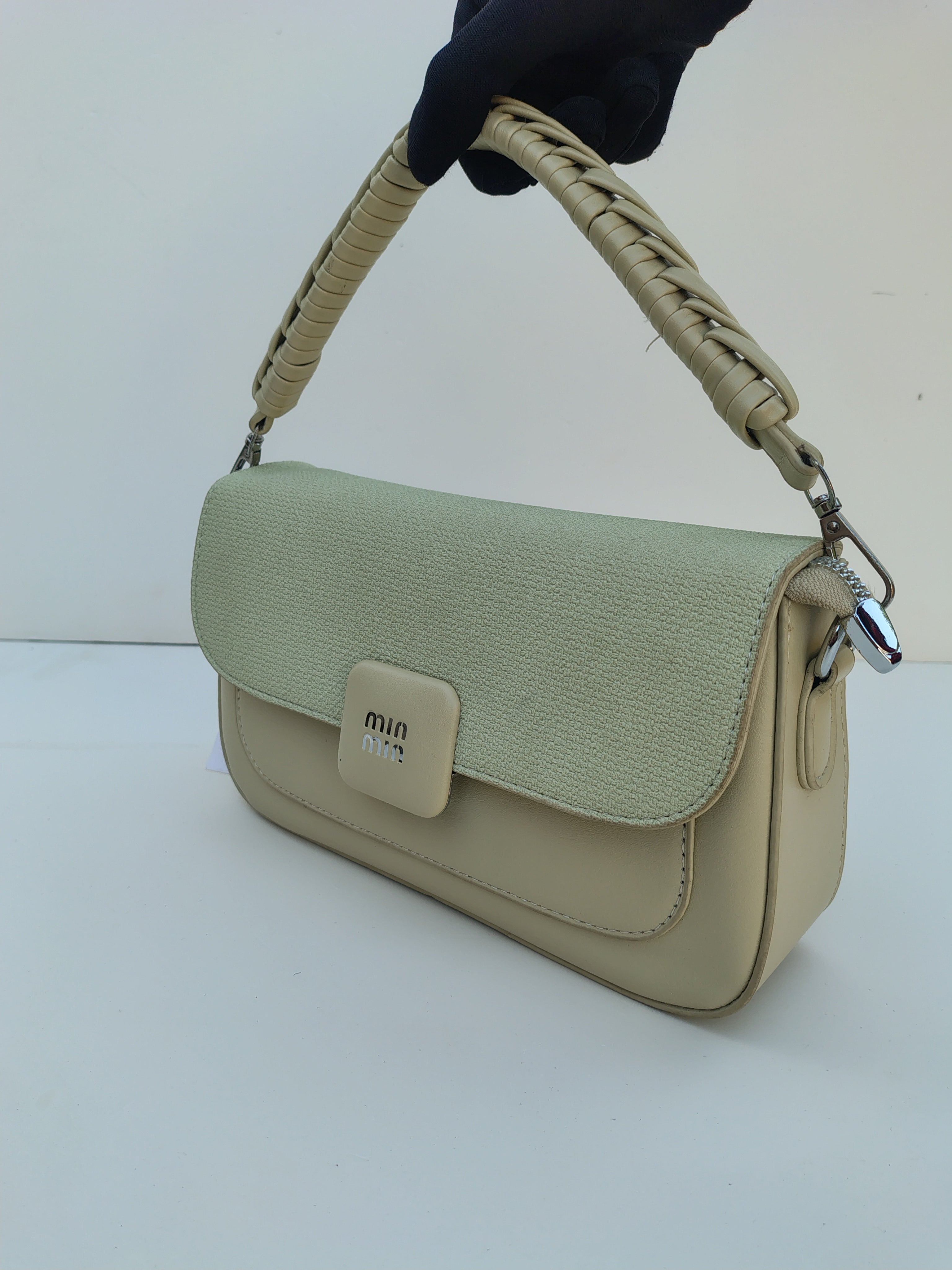 Beige & Green Shoulder Bag – MinMin Design with Gold Accent