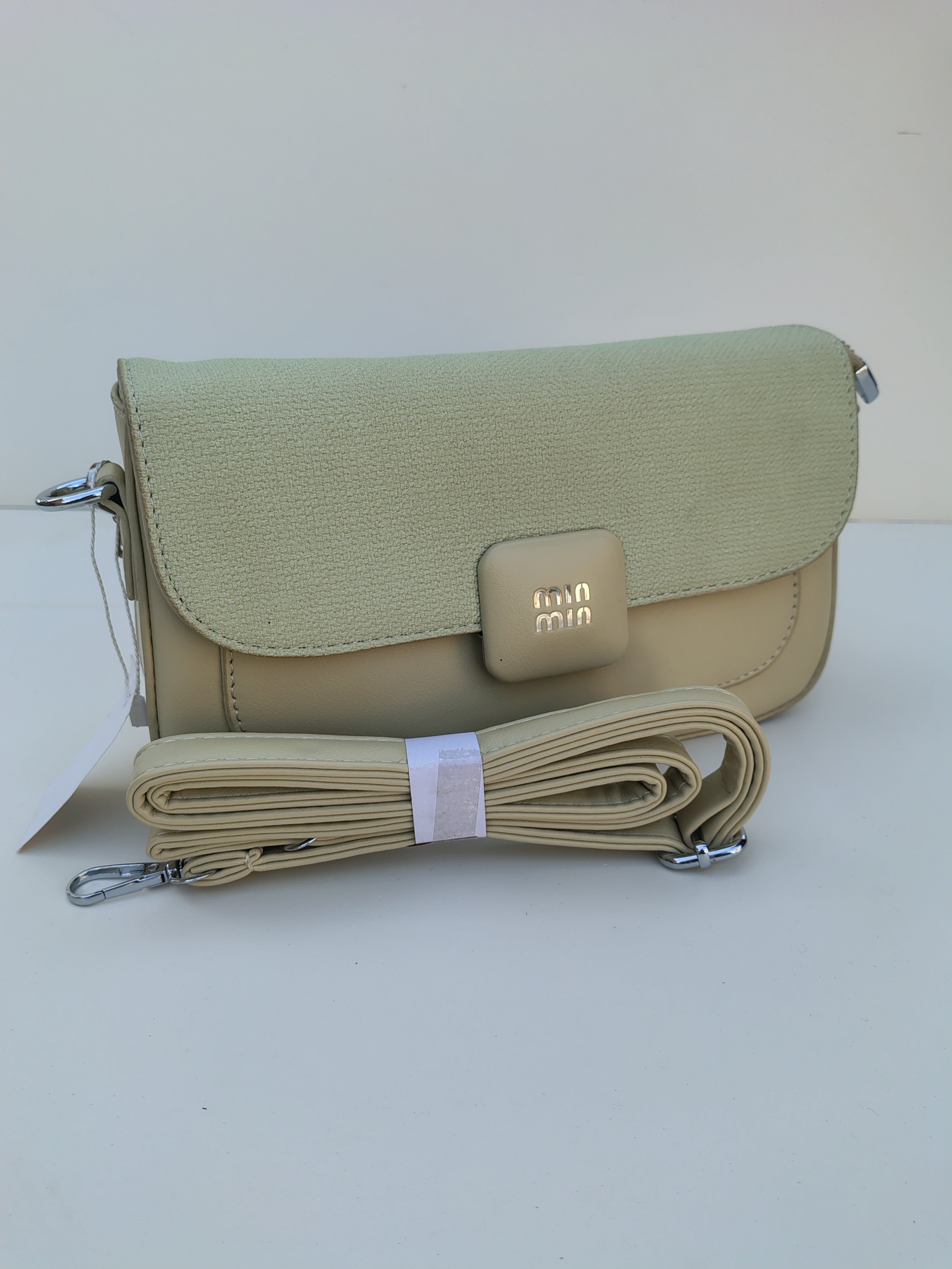 Beige & Green Shoulder Bag – MinMin Design with Gold Accent