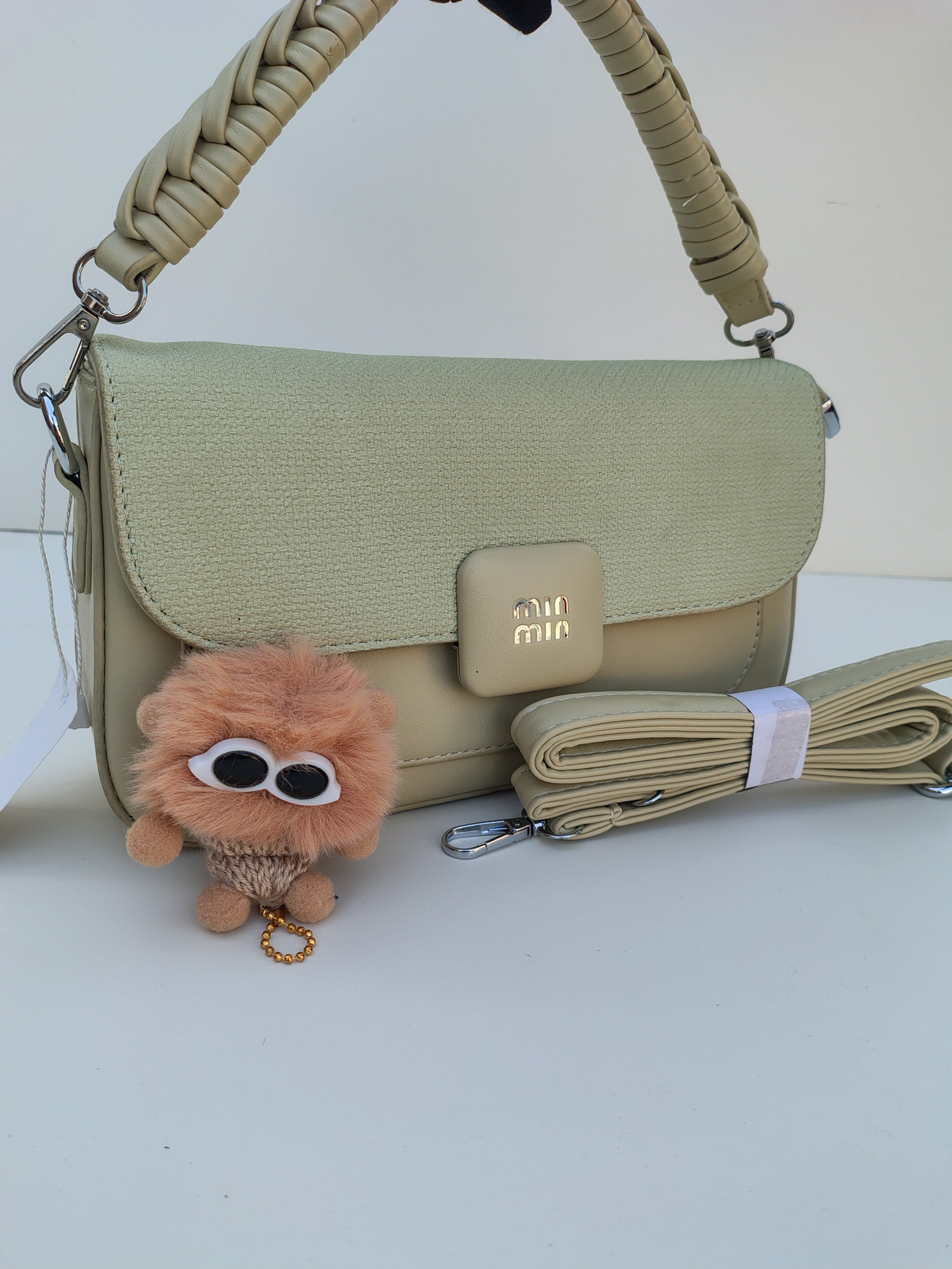 Beige & Green Shoulder Bag – MinMin Design with Gold Accent