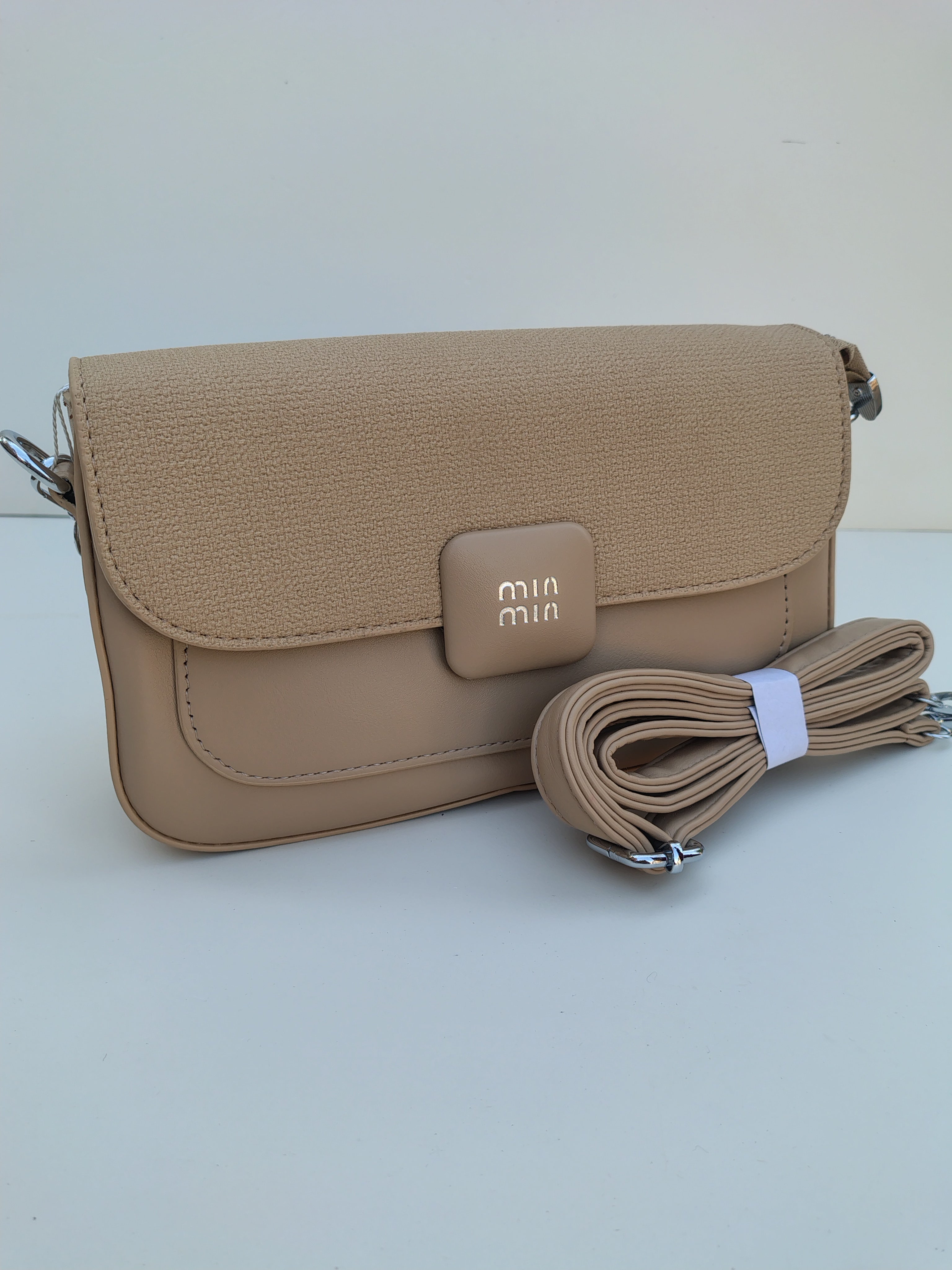 Beige Handbag – MinMin Textured Flap Shoulder Bag