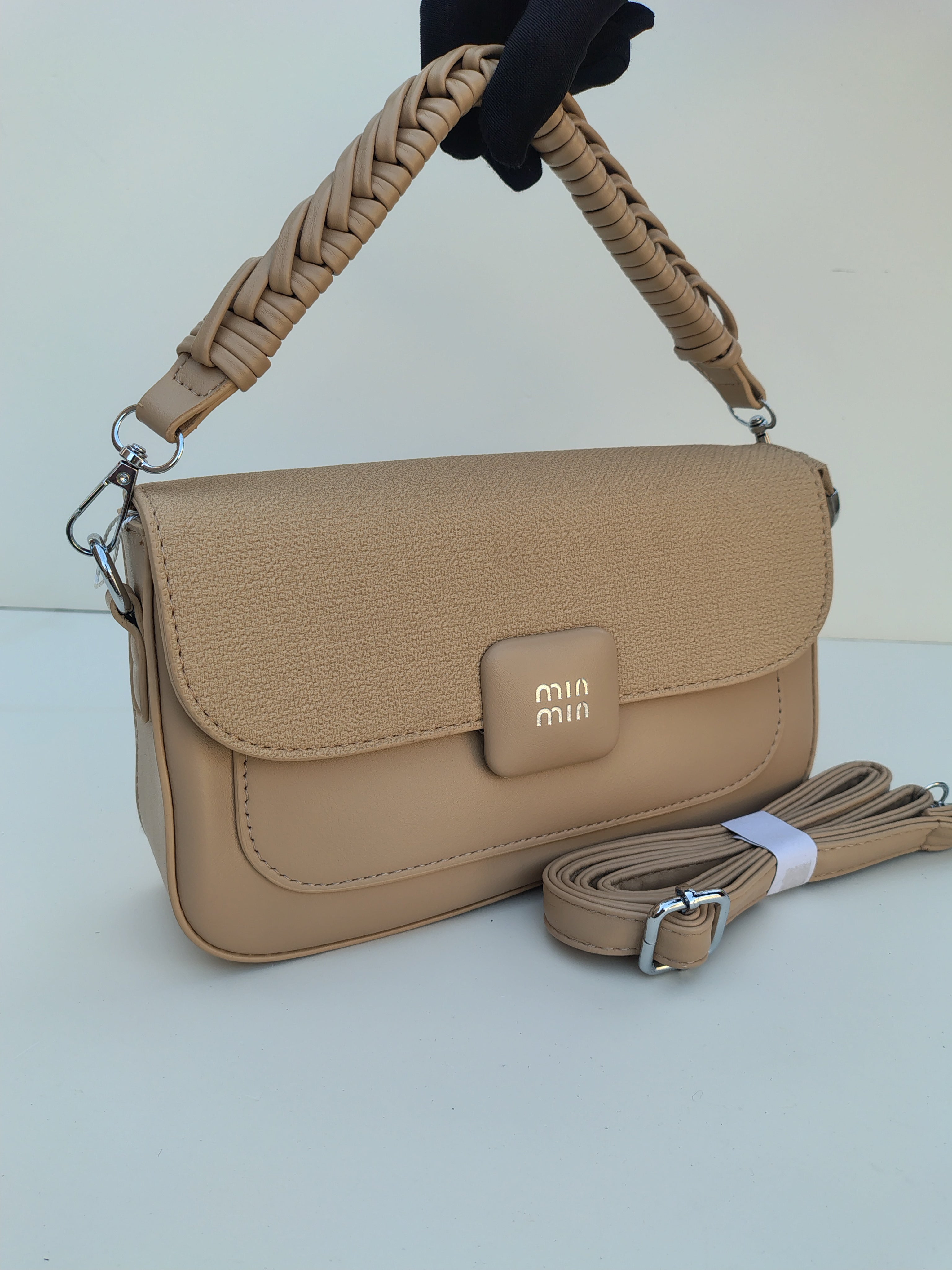 Beige Handbag – MinMin Textured Flap Shoulder Bag