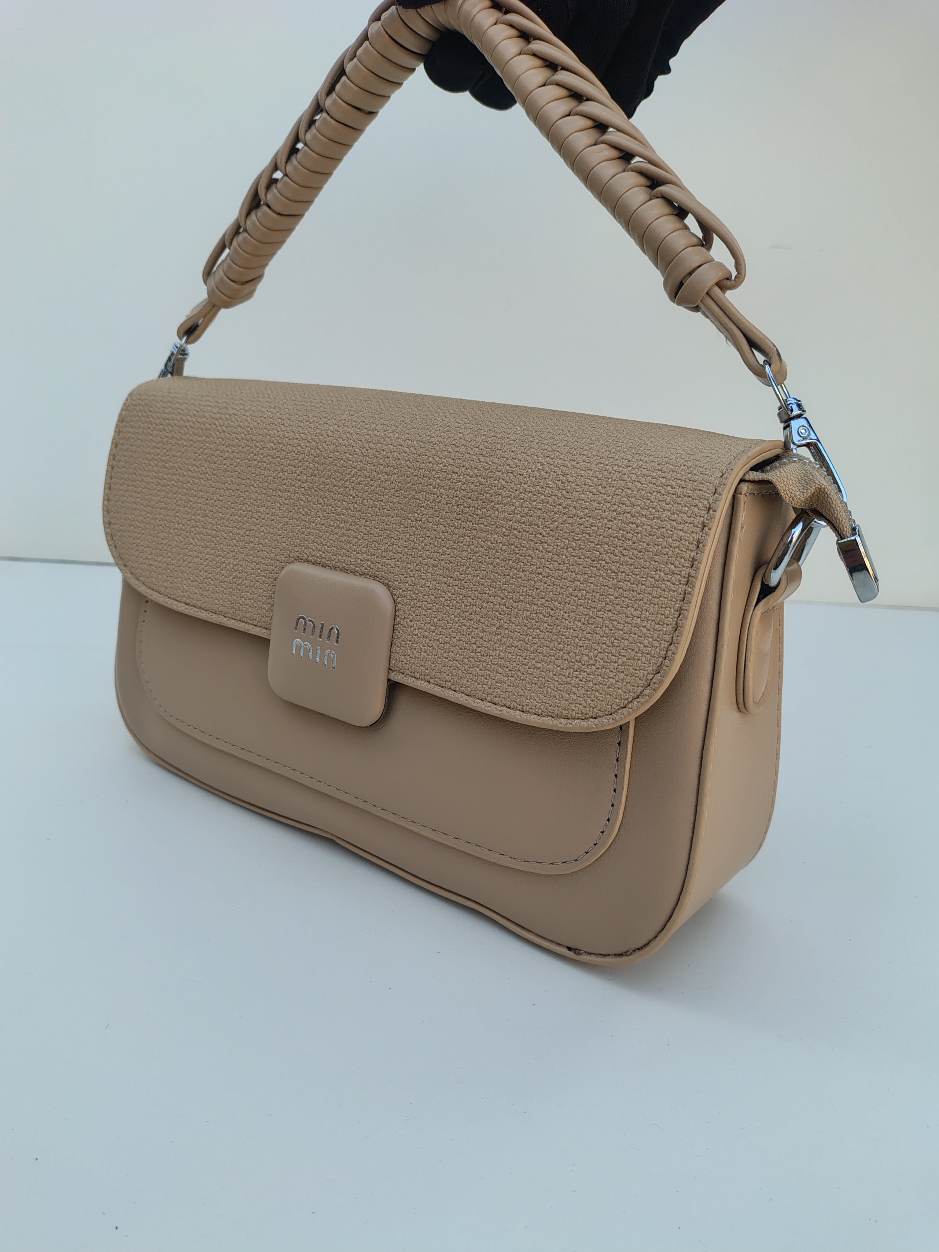 Beige Handbag – MinMin Textured Flap Shoulder Bag