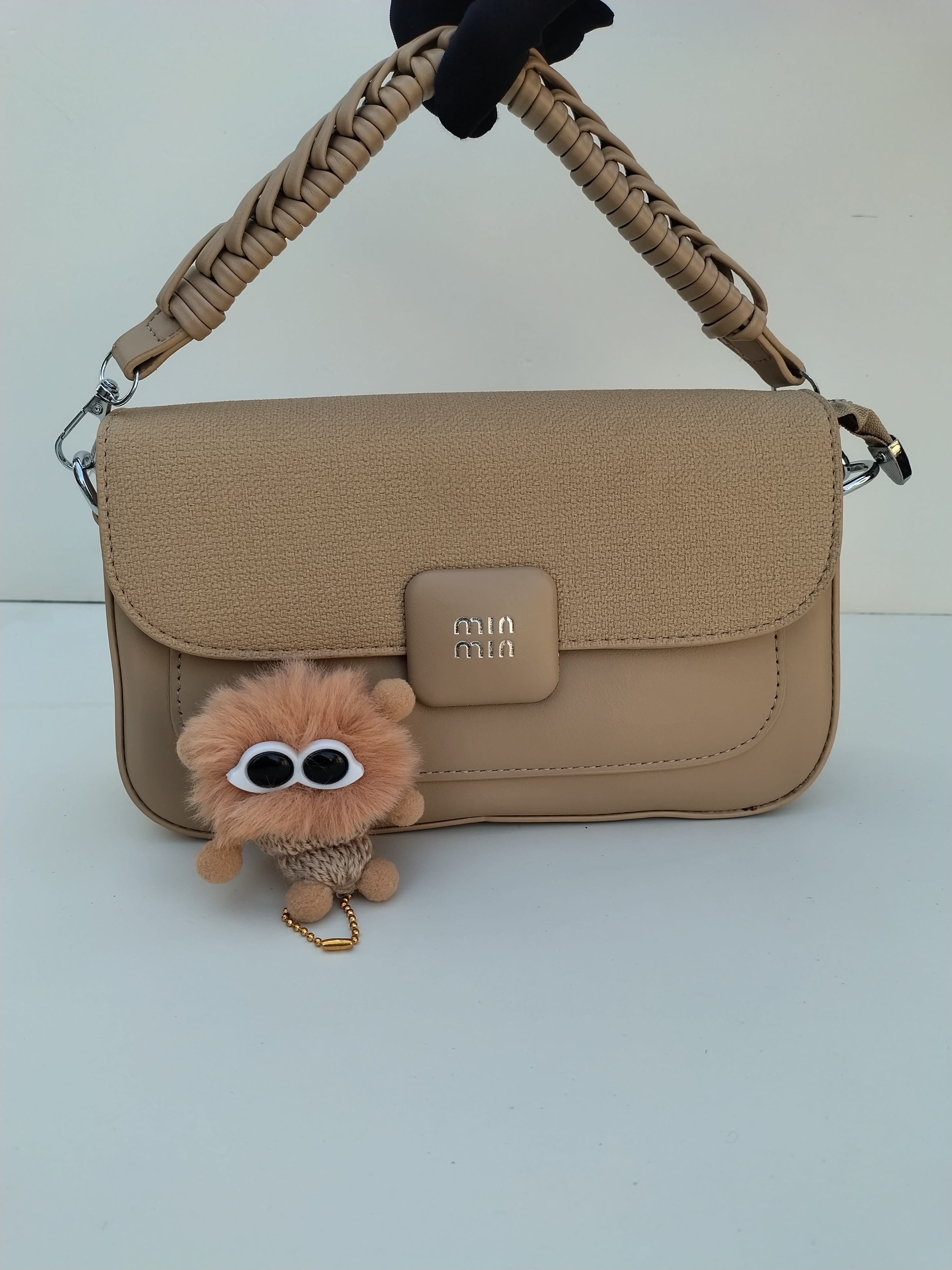Beige Handbag – MinMin Textured Flap Shoulder Bag