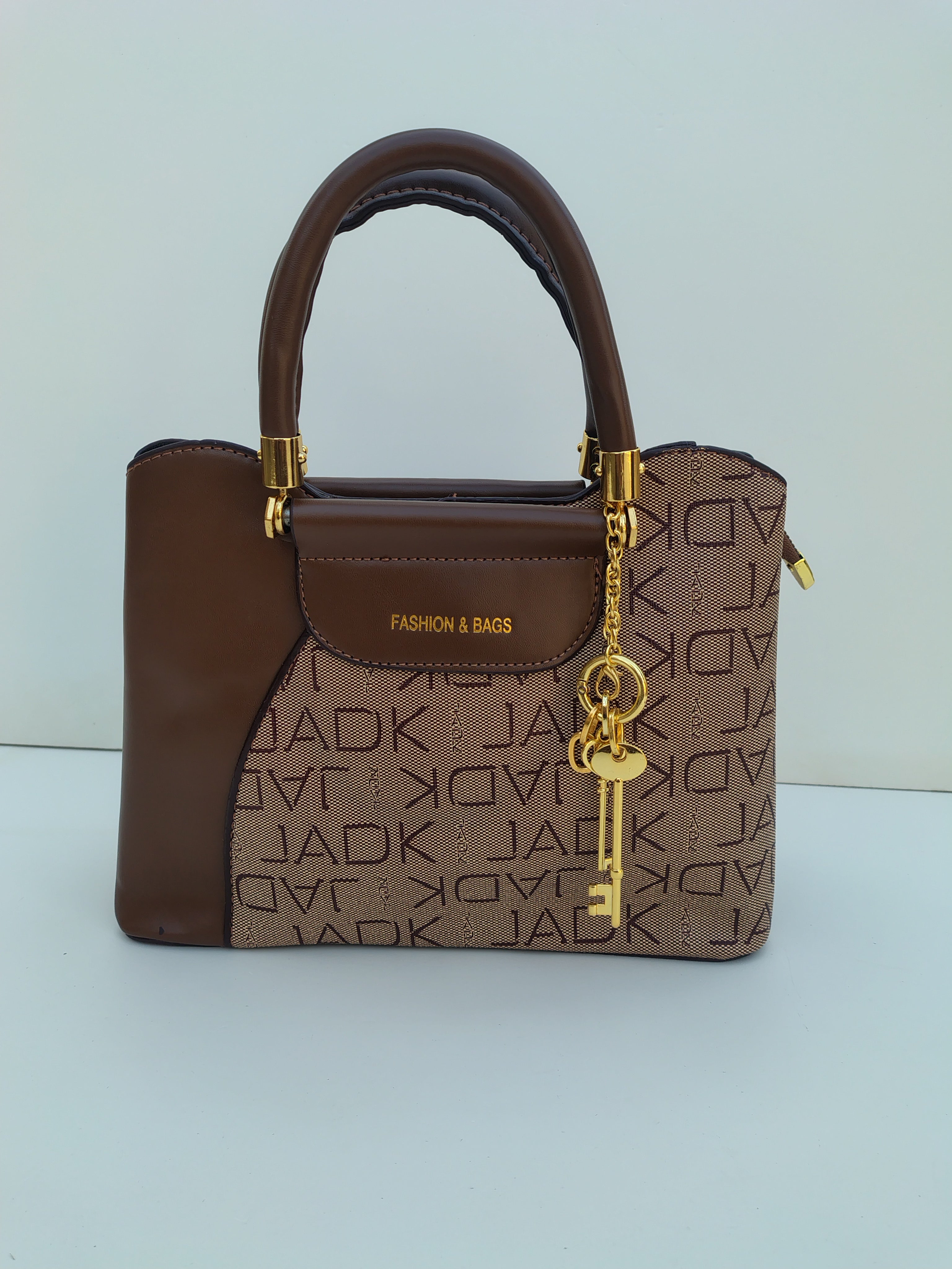 Beige & Coffee Luxury Handbag – Gold Key Charm Edition