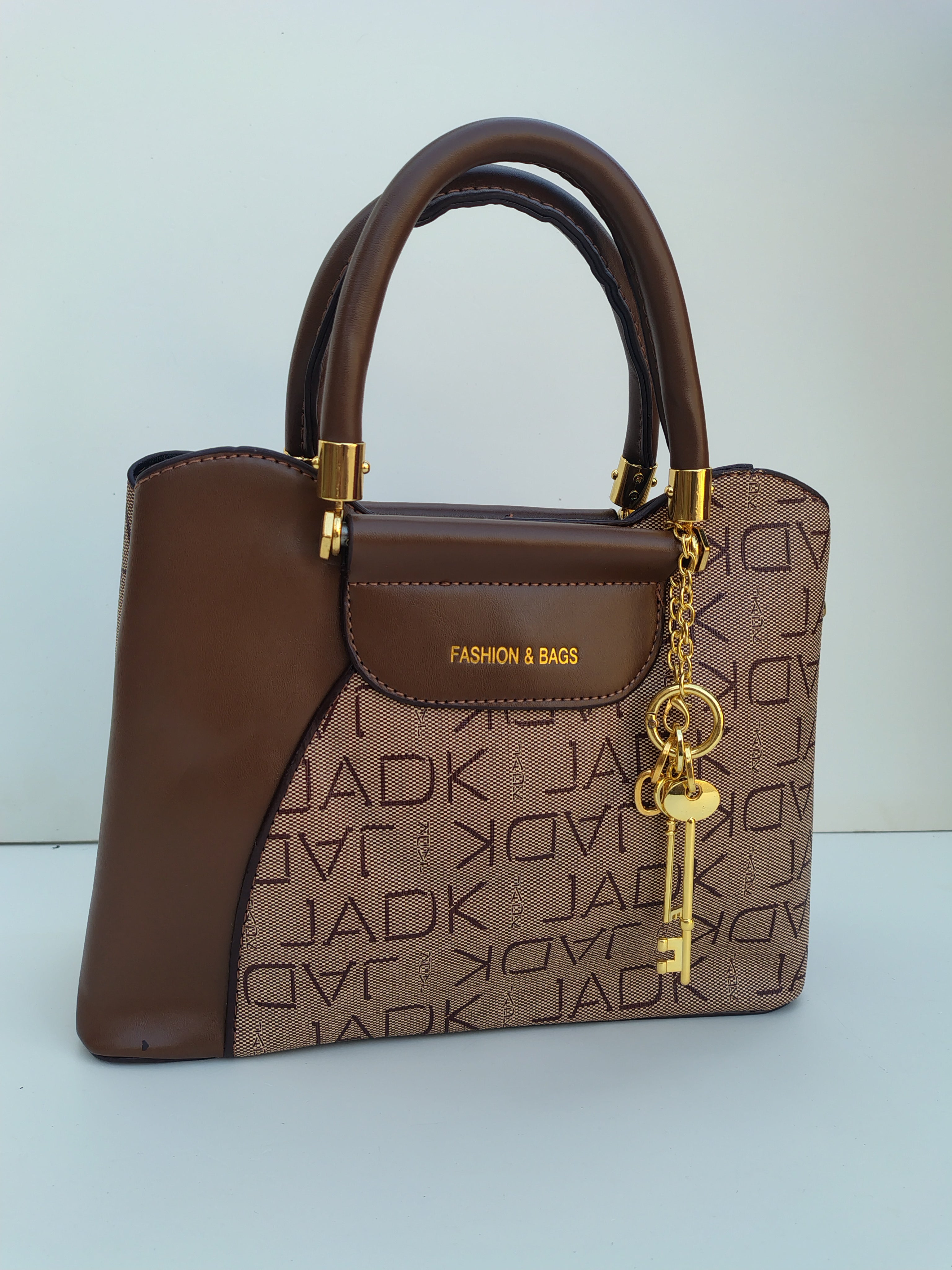 Beige & Coffee Luxury Handbag – Gold Key Charm Edition