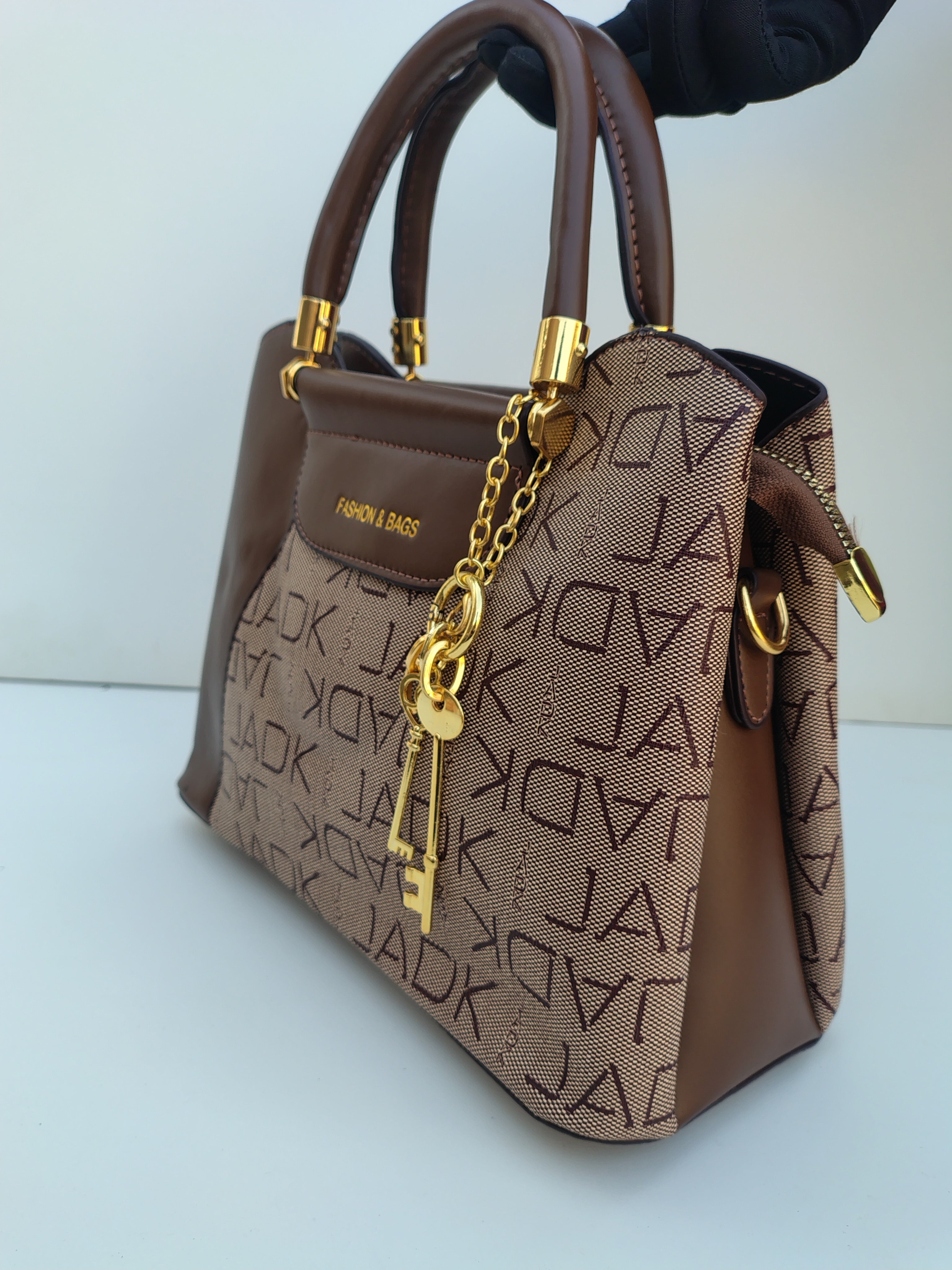 Beige & Coffee Luxury Handbag – Gold Key Charm Edition