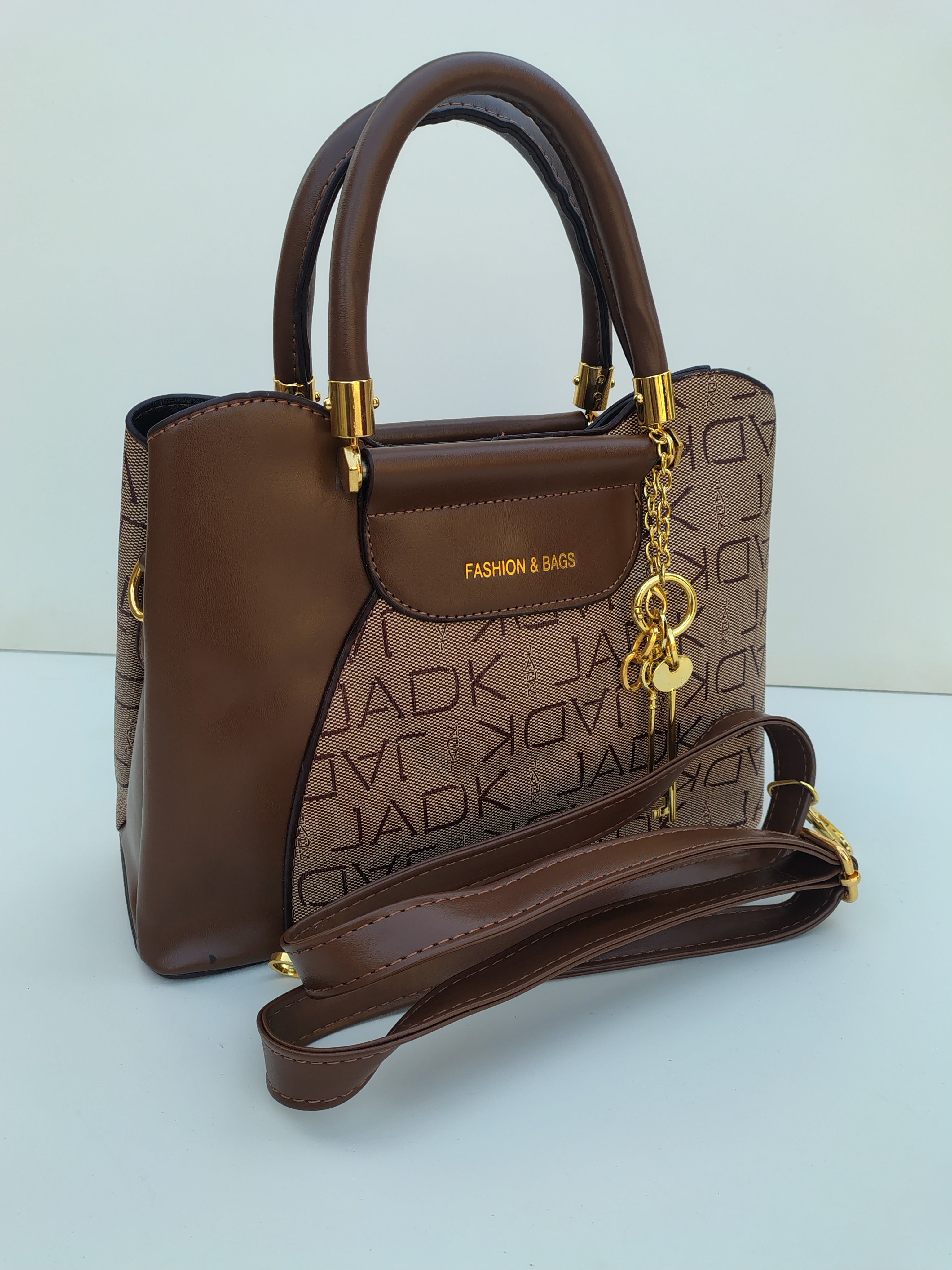 Beige & Coffee Luxury Handbag – Gold Key Charm Edition