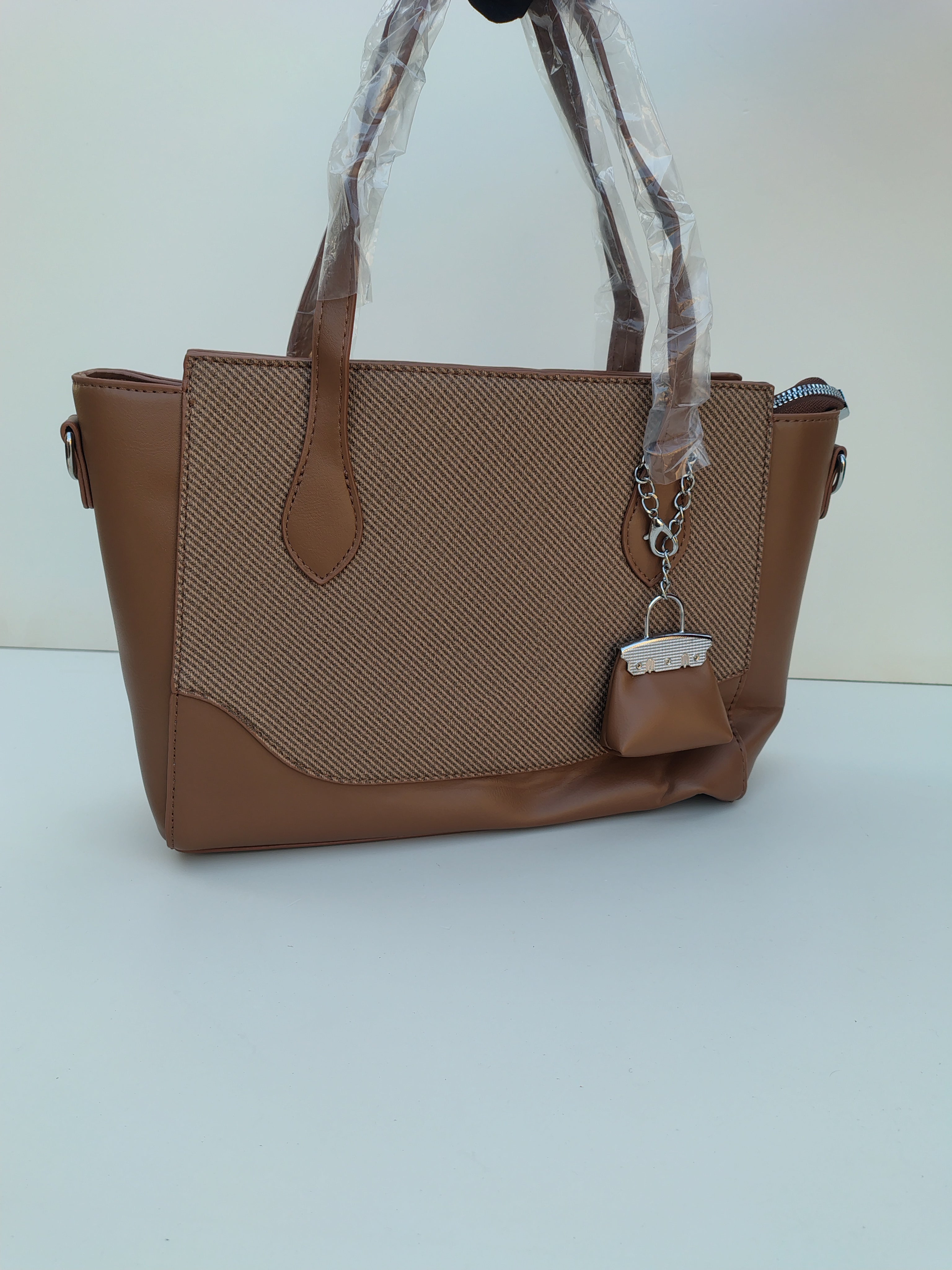 Coffee Brown Textured Tote Bag with Mini Charm – Premium Everyday Carry