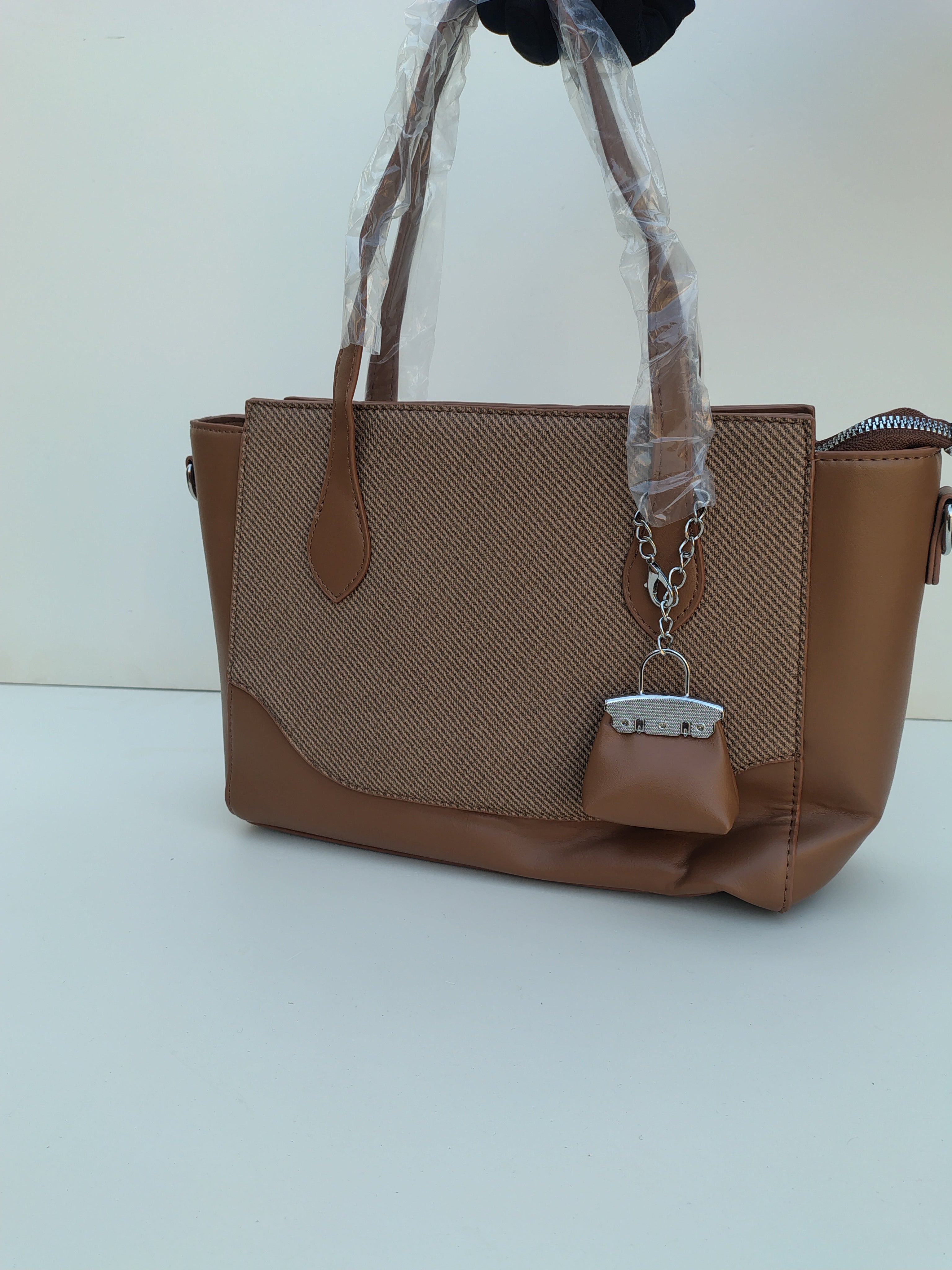Coffee Brown Textured Tote Bag with Mini Charm – Premium Everyday Carry