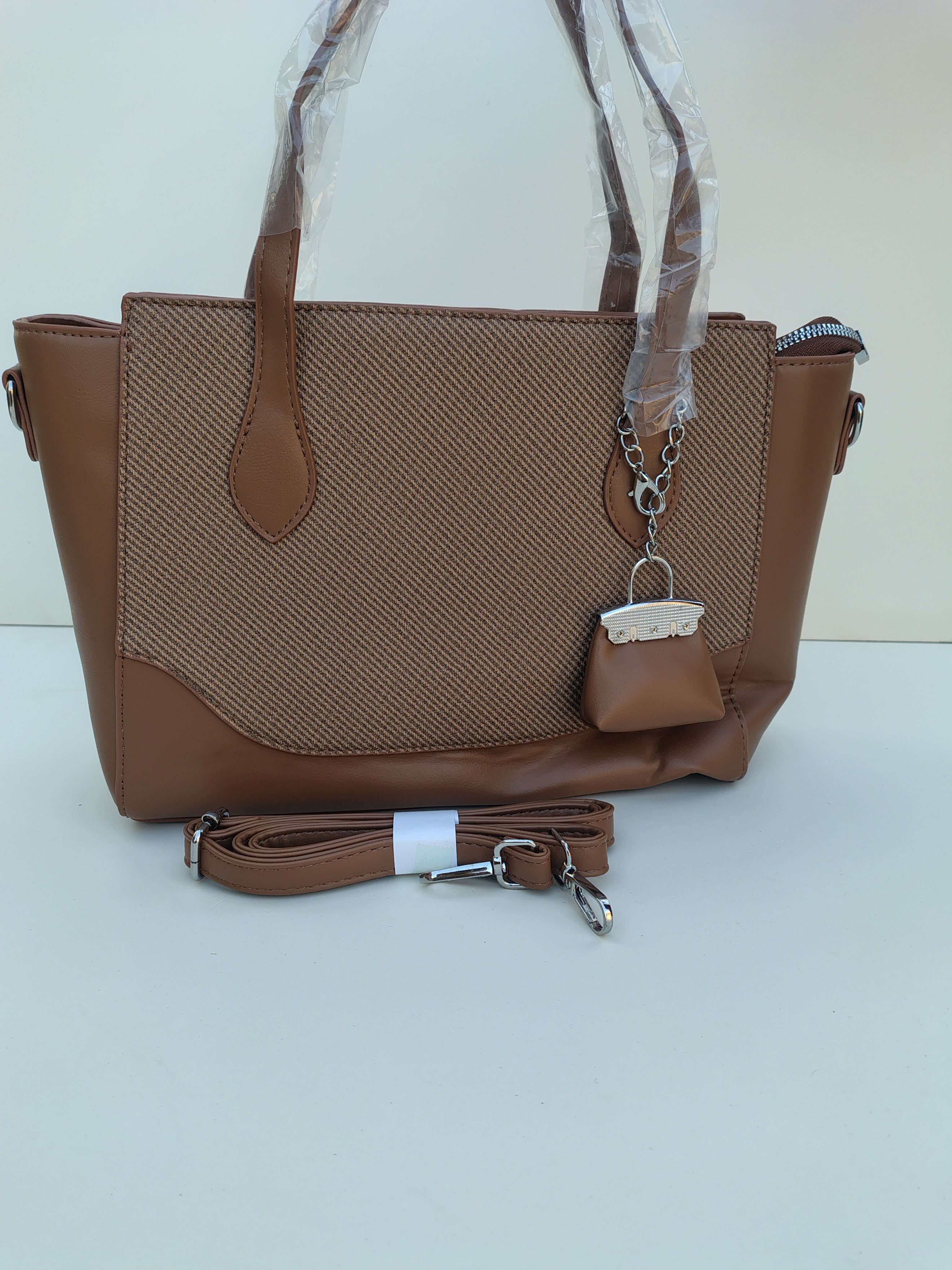 Coffee Brown Textured Tote Bag with Mini Charm – Premium Everyday Carry