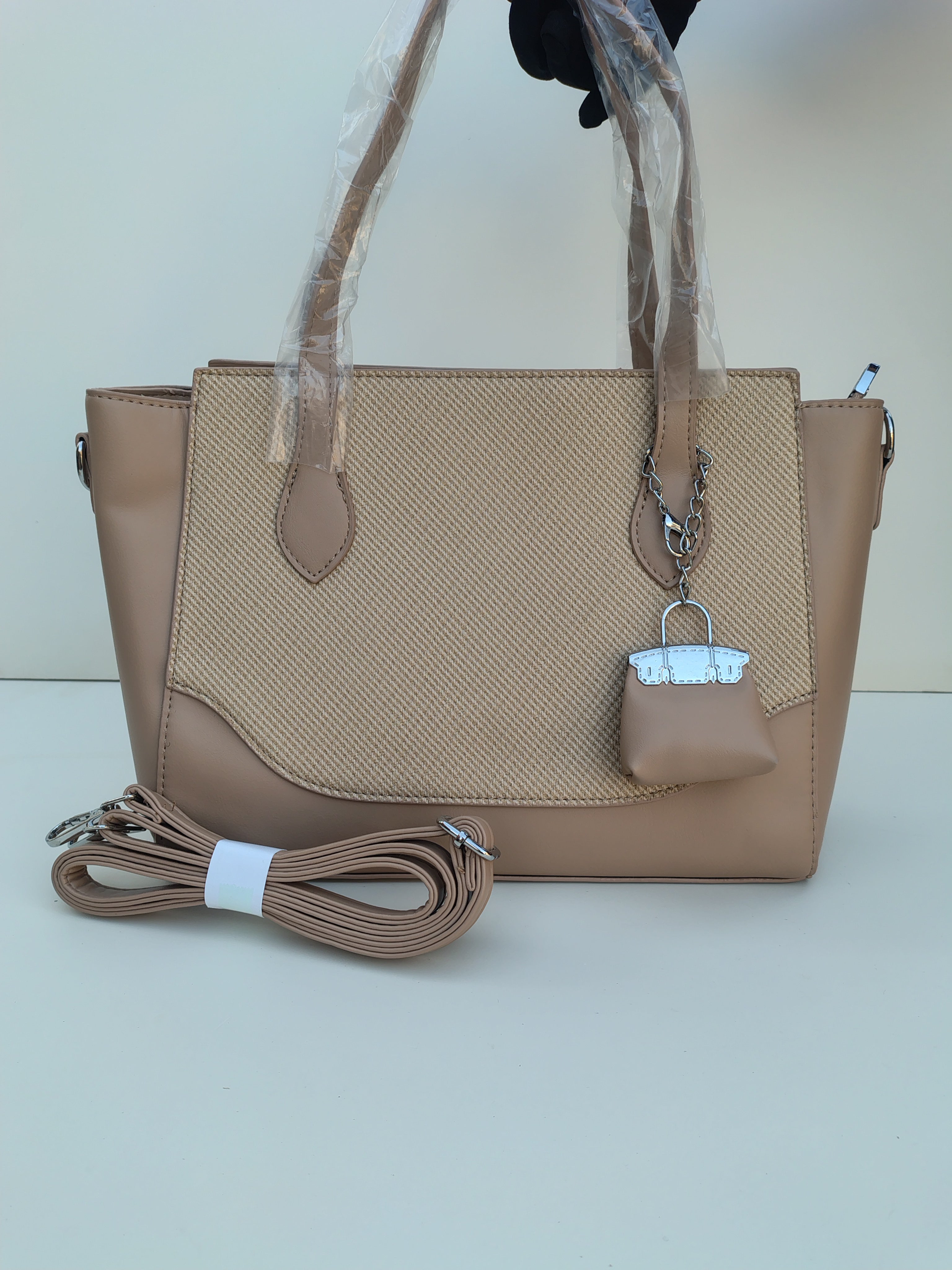 Beige Textured Tote Bag with Mini Charm – Elegant Neutral Handbag