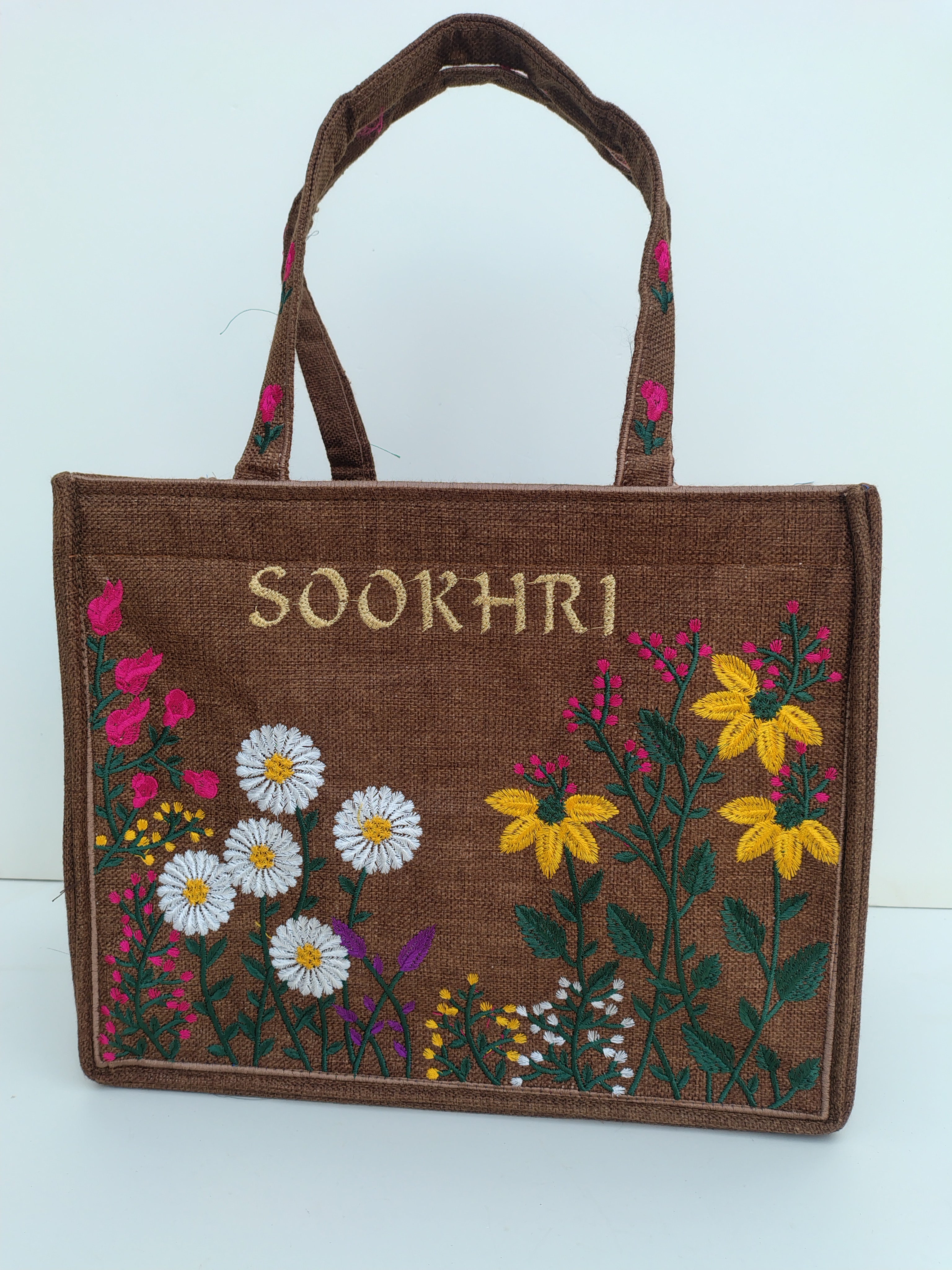 SOOKHRI Brown Embroidered Tote Bag – Earthy Floral Handcrafted Canvas Bag