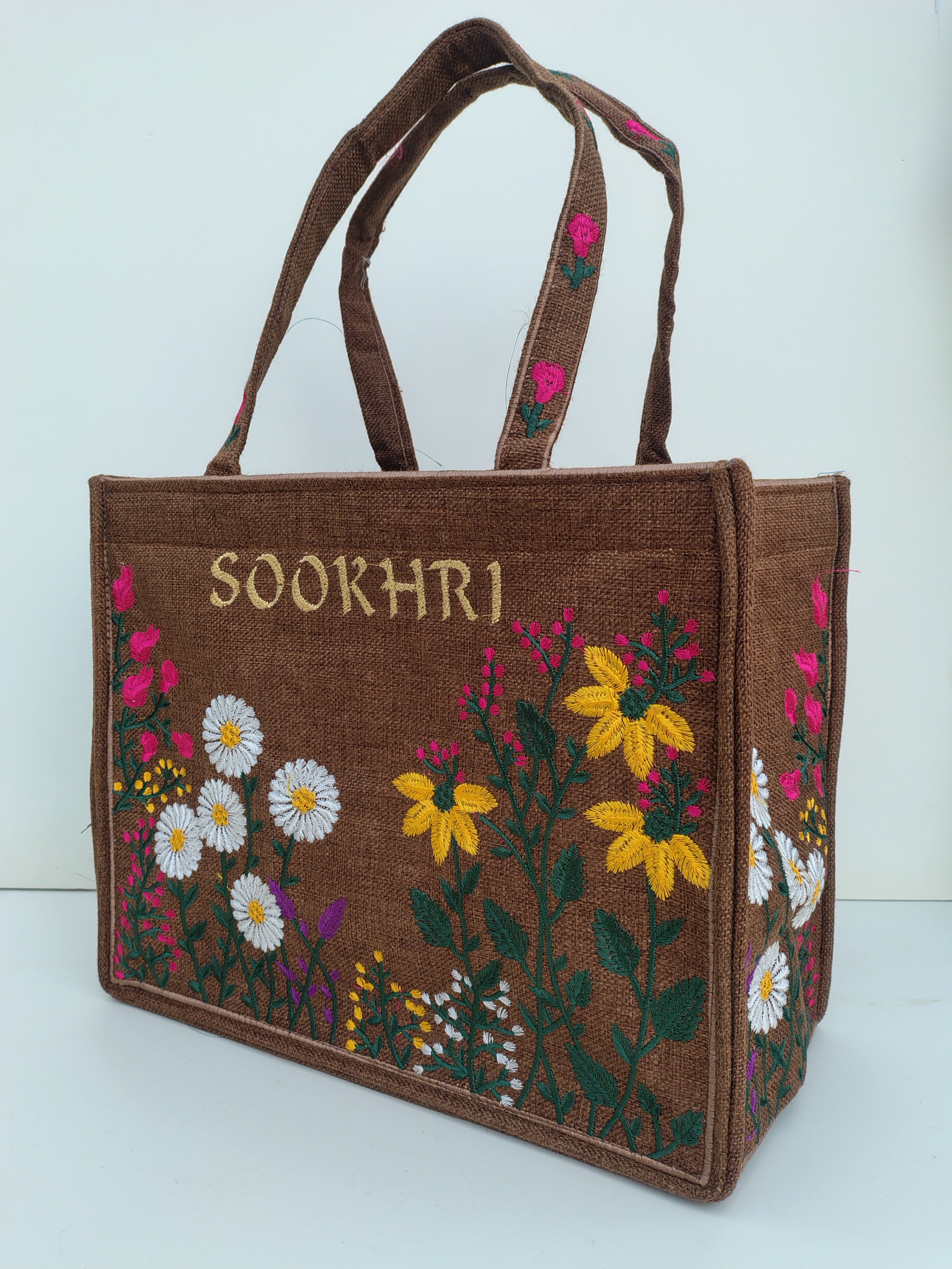 SOOKHRI Brown Embroidered Tote Bag – Earthy Floral Handcrafted Canvas Bag