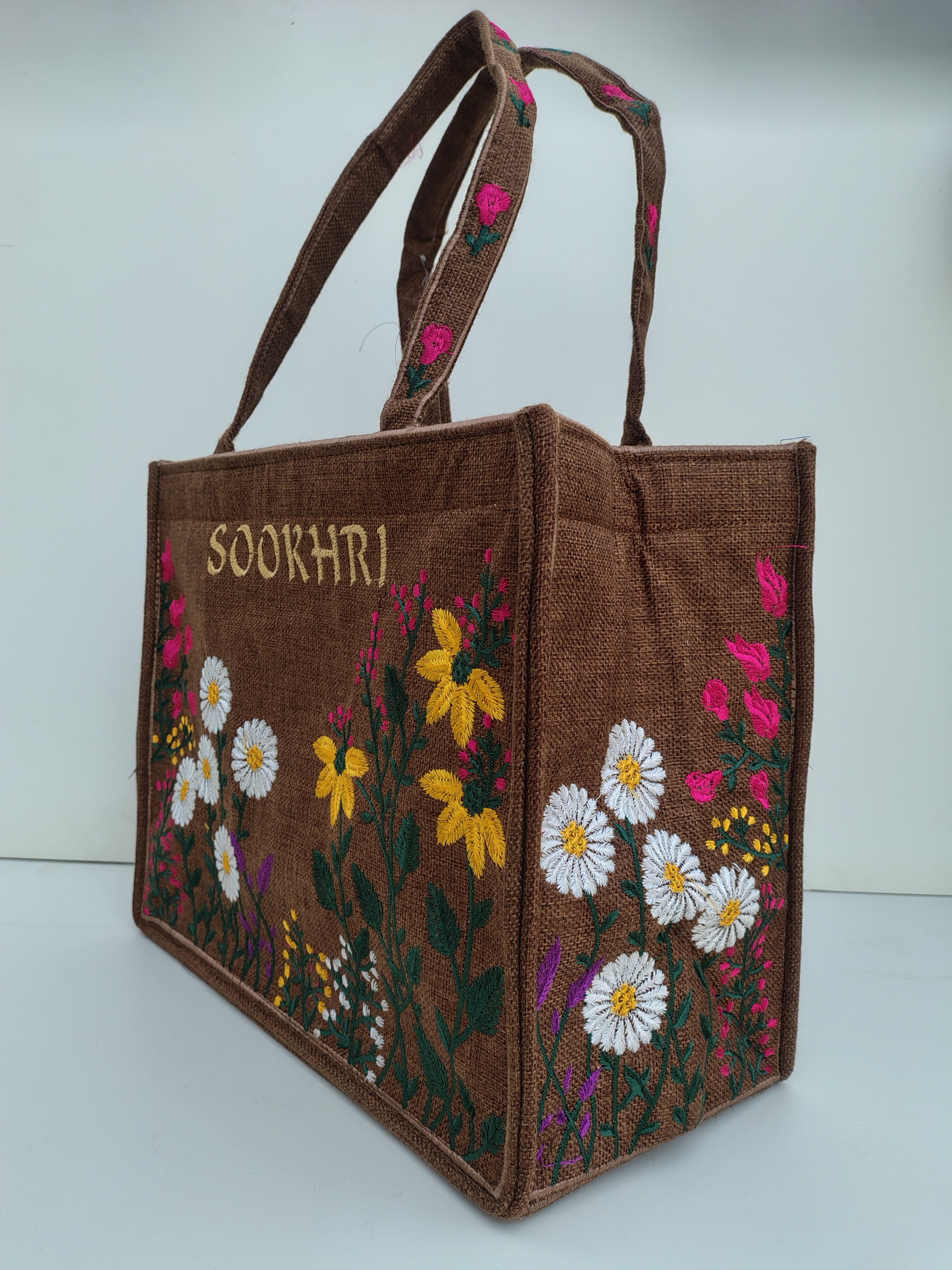 SOOKHRI Brown Embroidered Tote Bag – Earthy Floral Handcrafted Canvas Bag