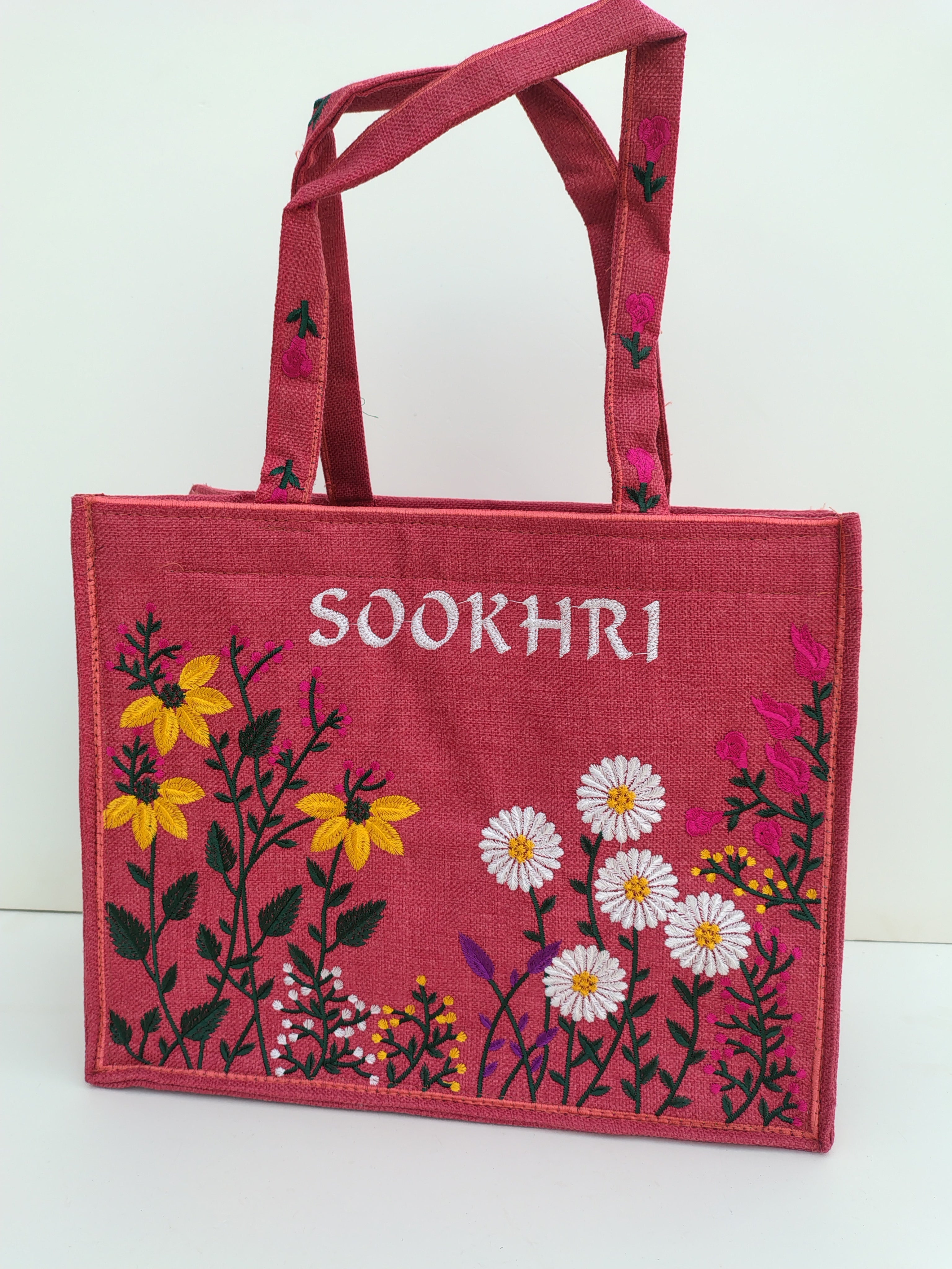 SOOKHRI Pink Embroidered Tote Bag – Handcrafted Floral Canvas Carryall