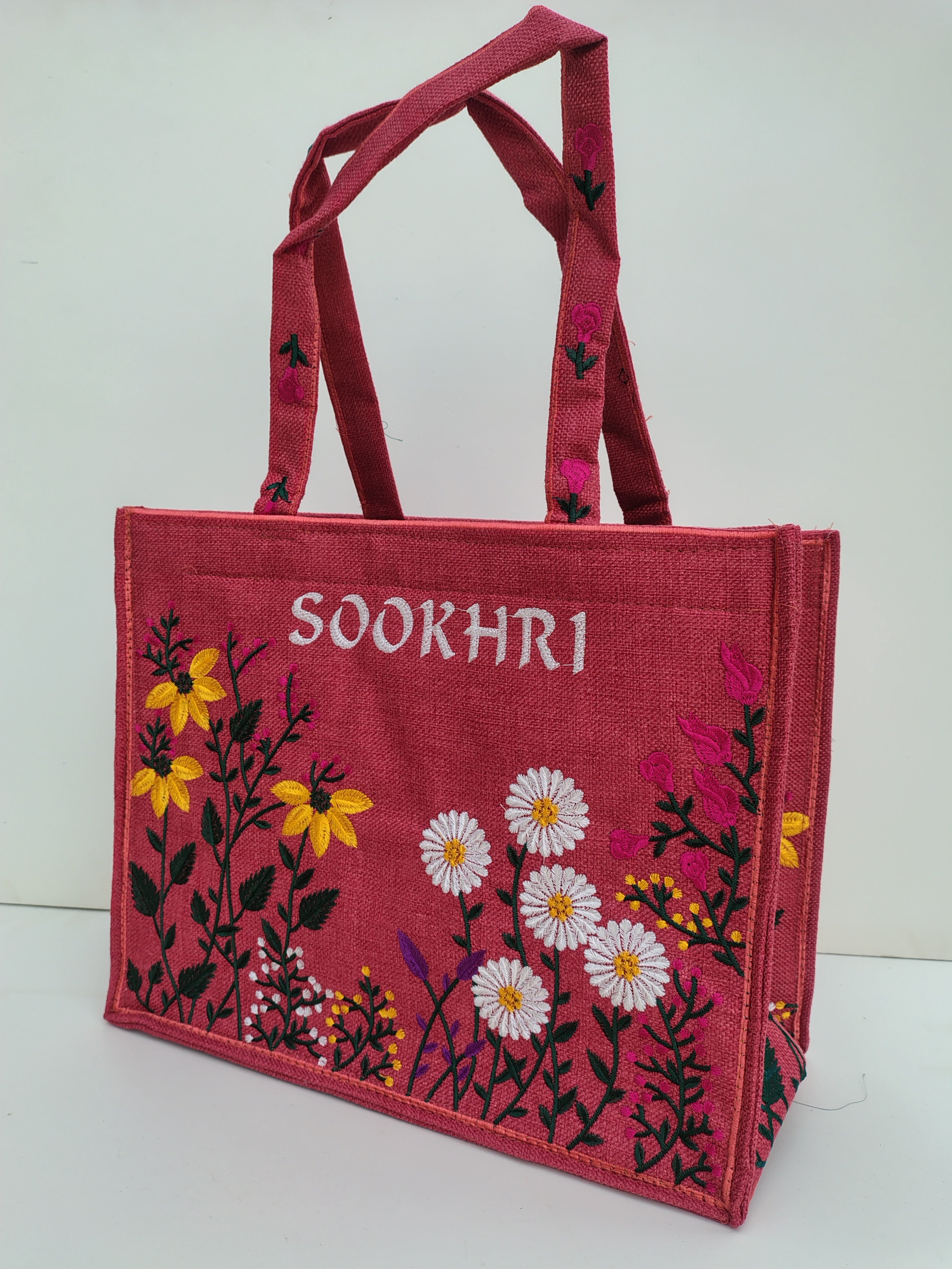 SOOKHRI Pink Embroidered Tote Bag – Handcrafted Floral Canvas Carryall