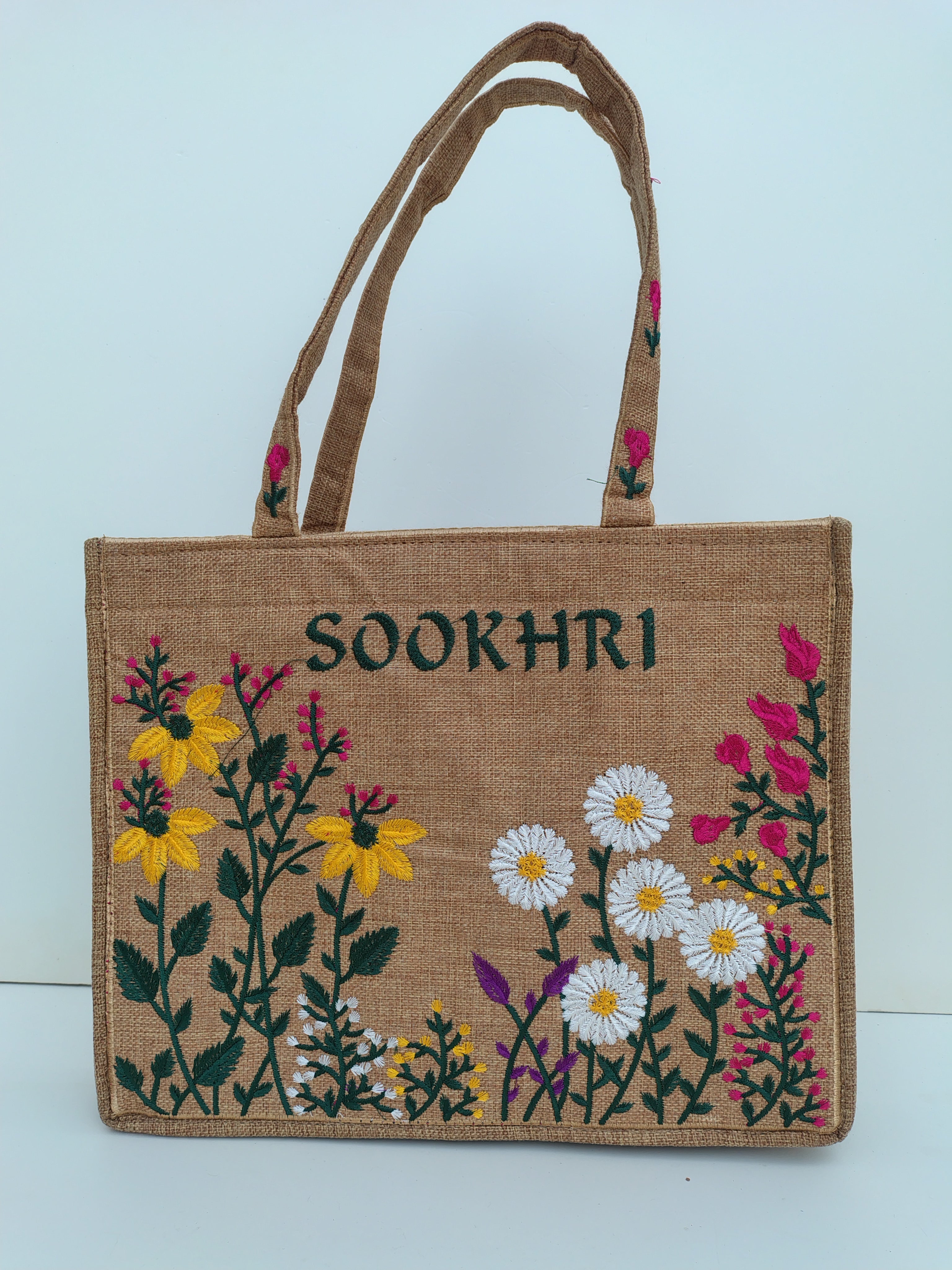 SOOKHRI Pink Embroidered Tote Bag – Handcrafted Floral Canvas Carryall