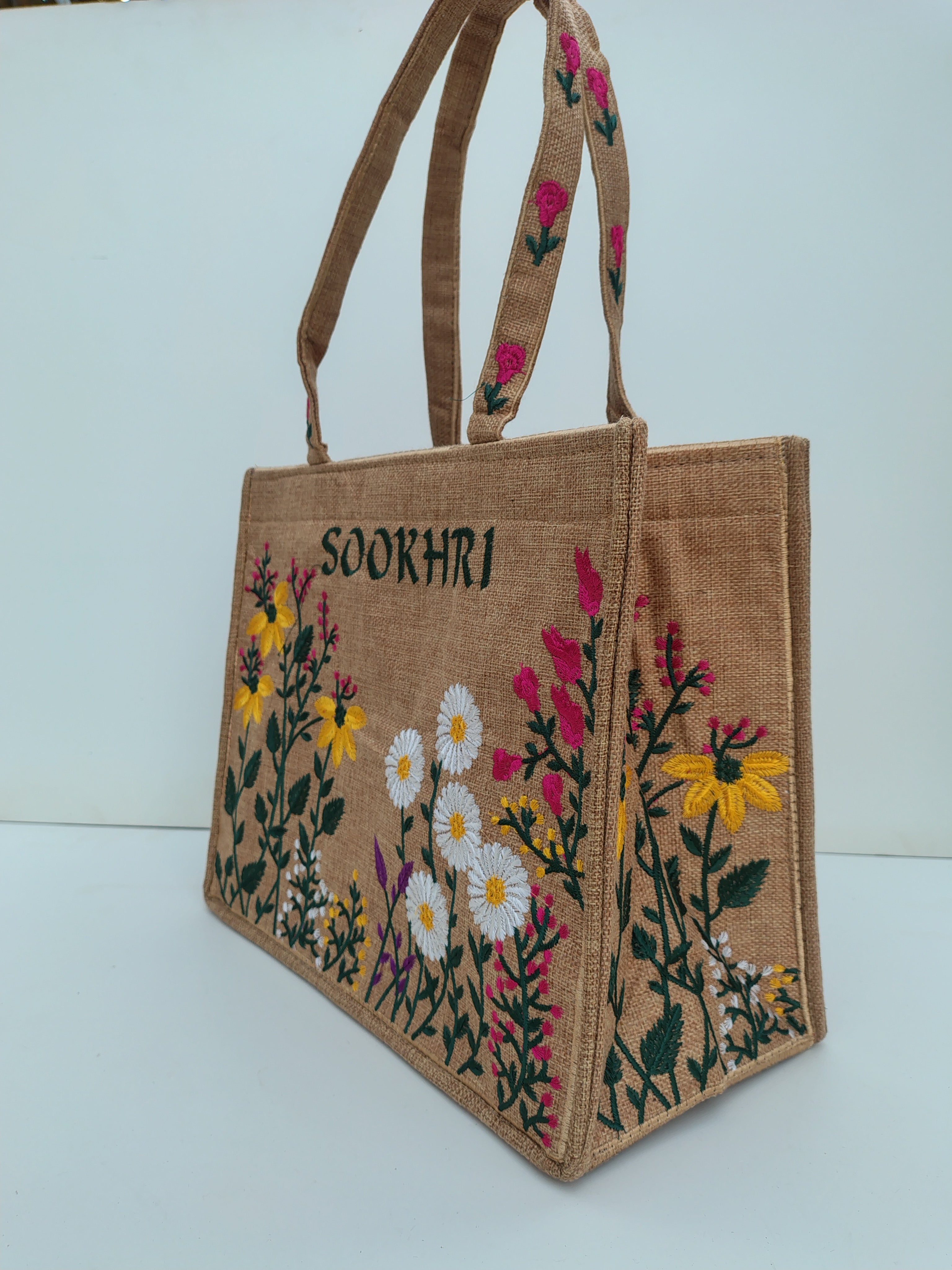 SOOKHRI Pink Embroidered Tote Bag – Handcrafted Floral Canvas Carryall