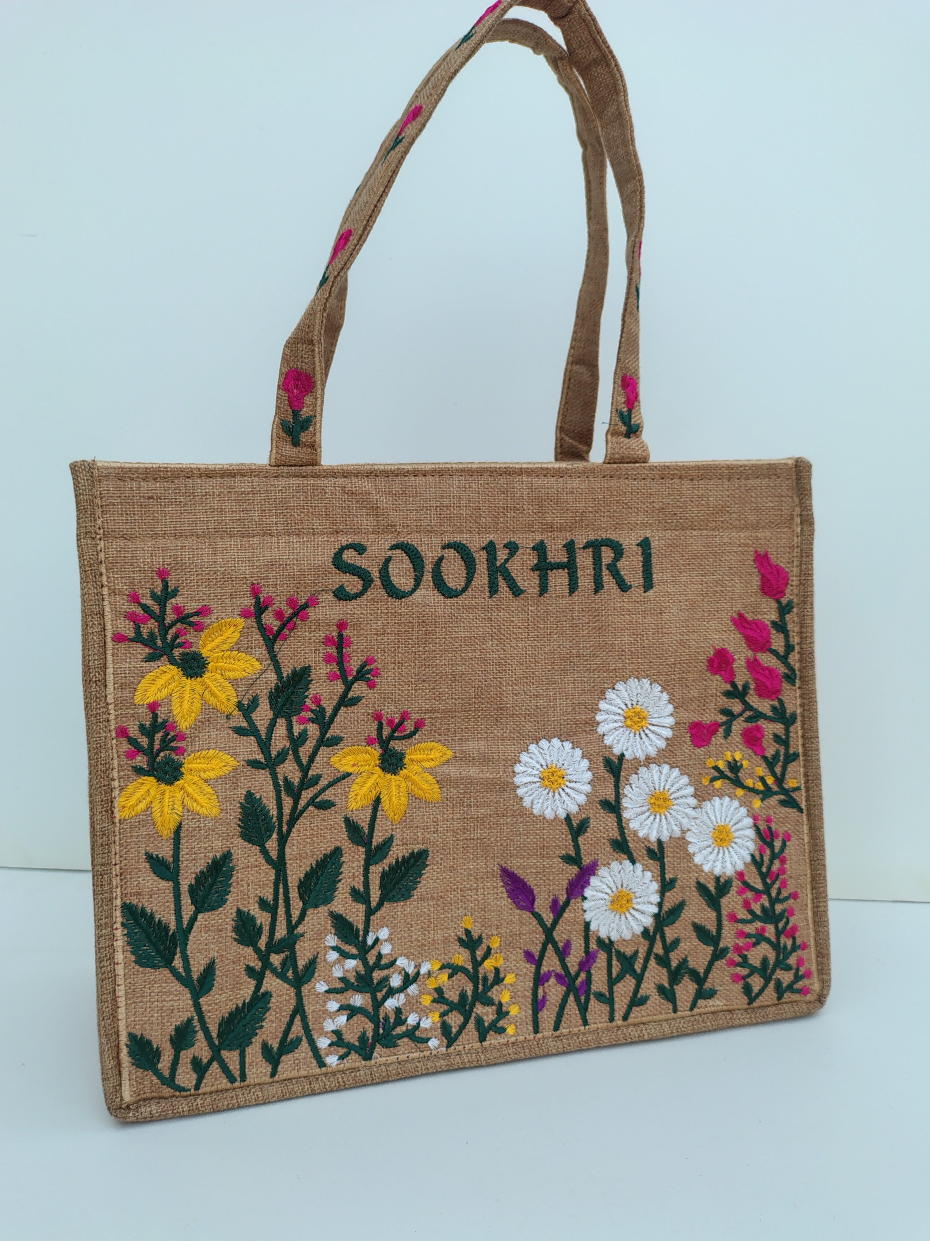 SOOKHRI Pink Embroidered Tote Bag – Handcrafted Floral Canvas Carryall