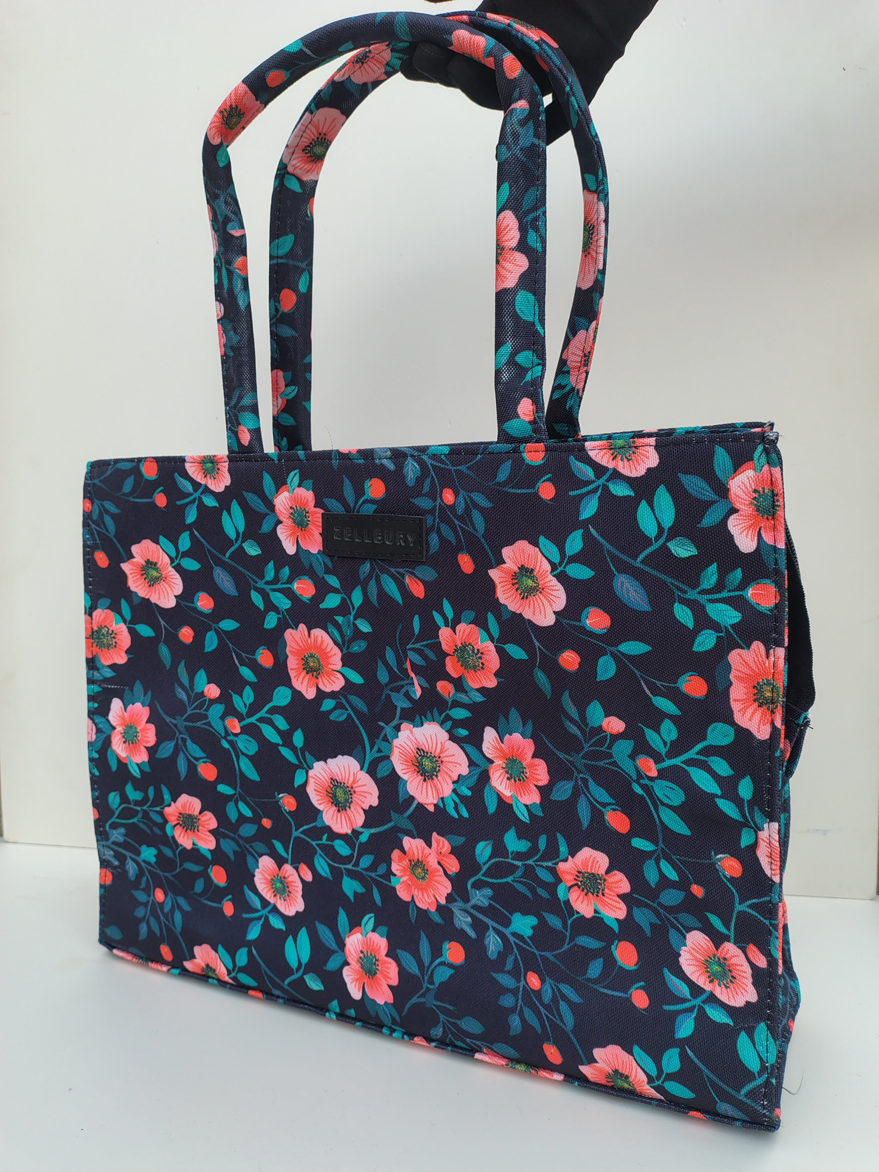 Hellebury Navy Floral Tote Bag – Elegant Canvas Carryall for Everyday Style