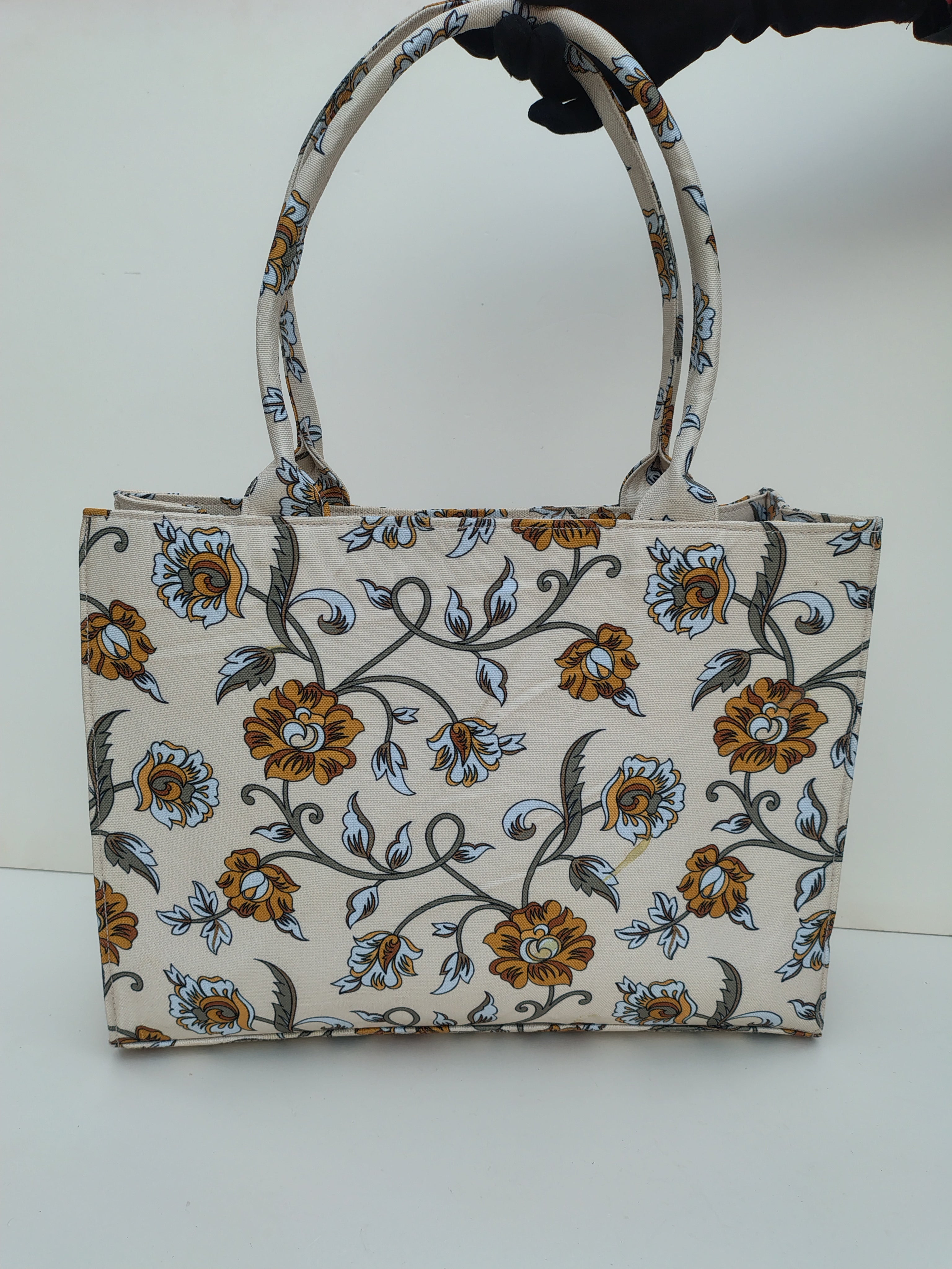 Hellebury Beige Royal Bloom Tote Bag – Elegant Floral Canvas Handbag