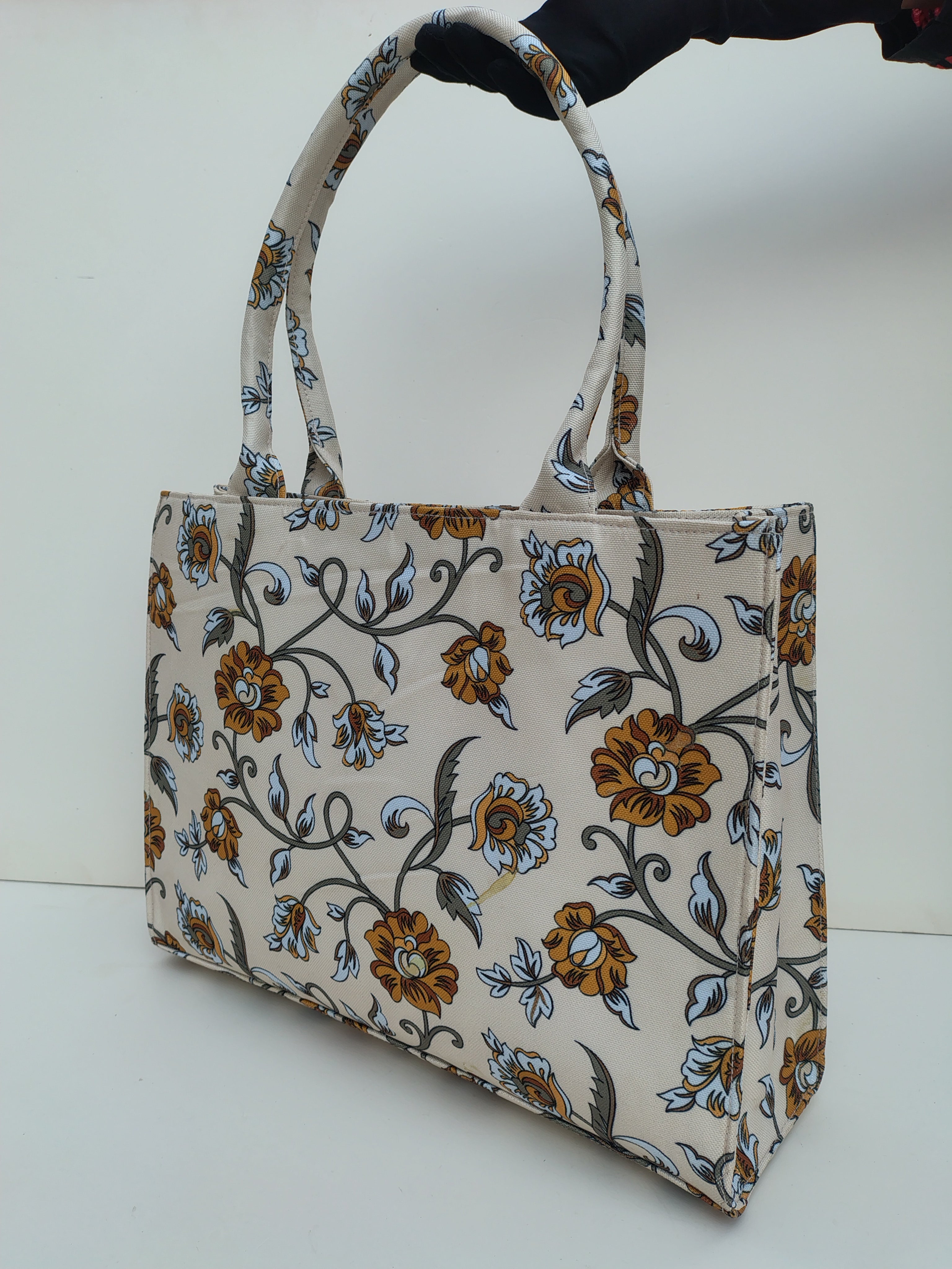 Hellebury Beige Royal Bloom Tote Bag – Elegant Floral Canvas Handbag
