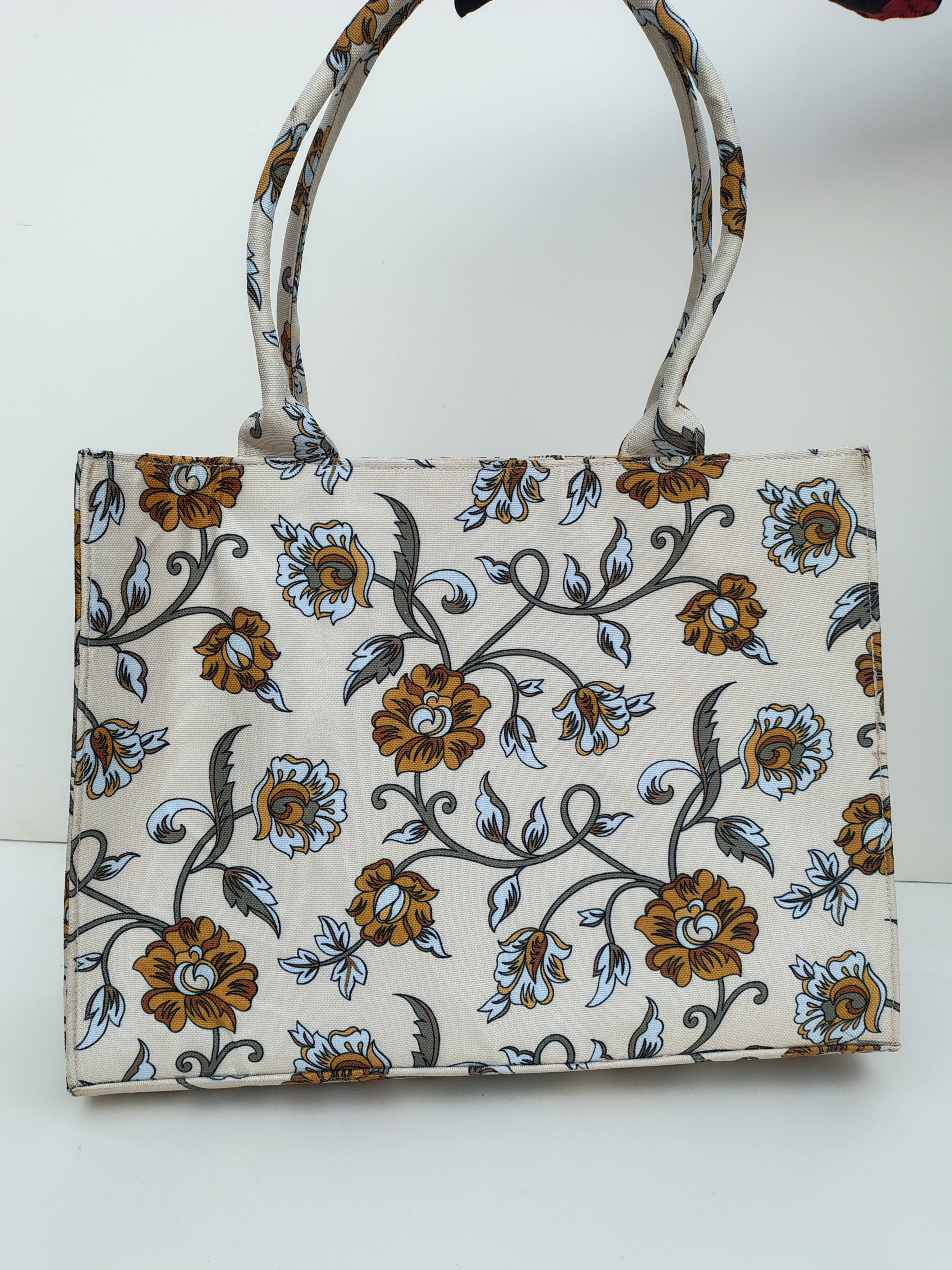 Hellebury Beige Royal Bloom Tote Bag – Elegant Floral Canvas Handbag