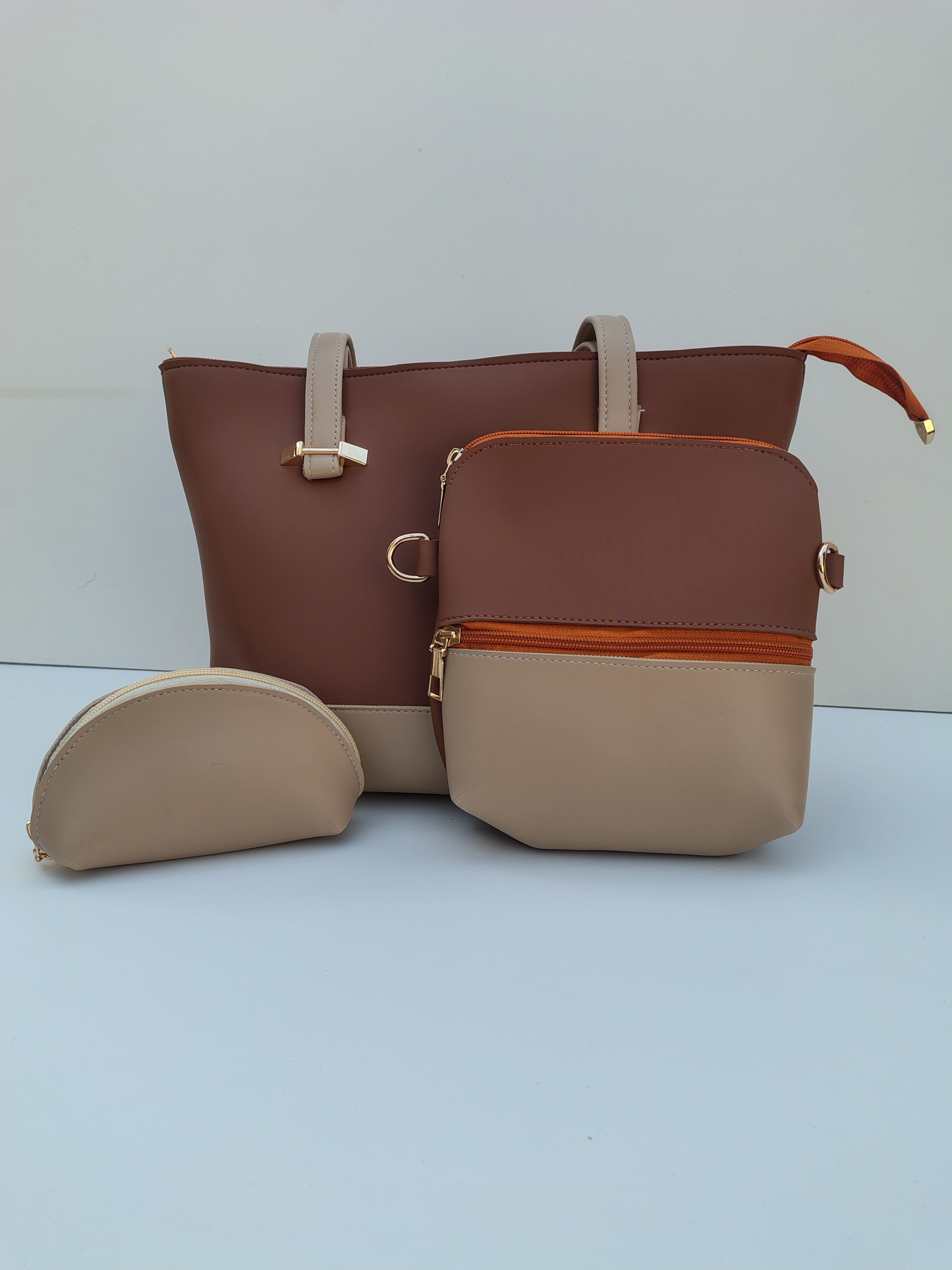 Hellebury Dual-Tone Classic Tote Bag – Coffee Brown & Beige Handbag