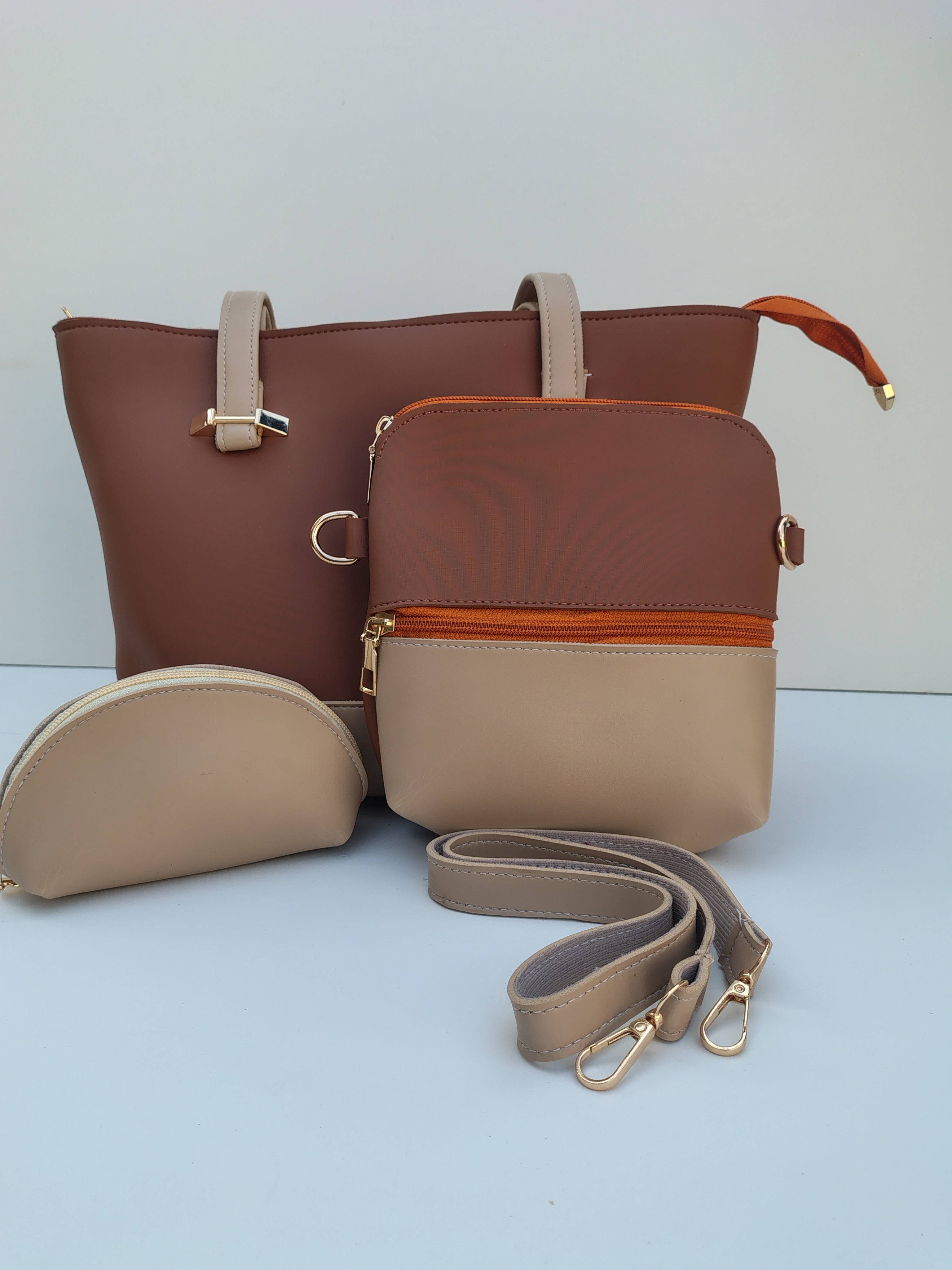 Hellebury Dual-Tone Classic Tote Bag – Coffee Brown & Beige Handbag