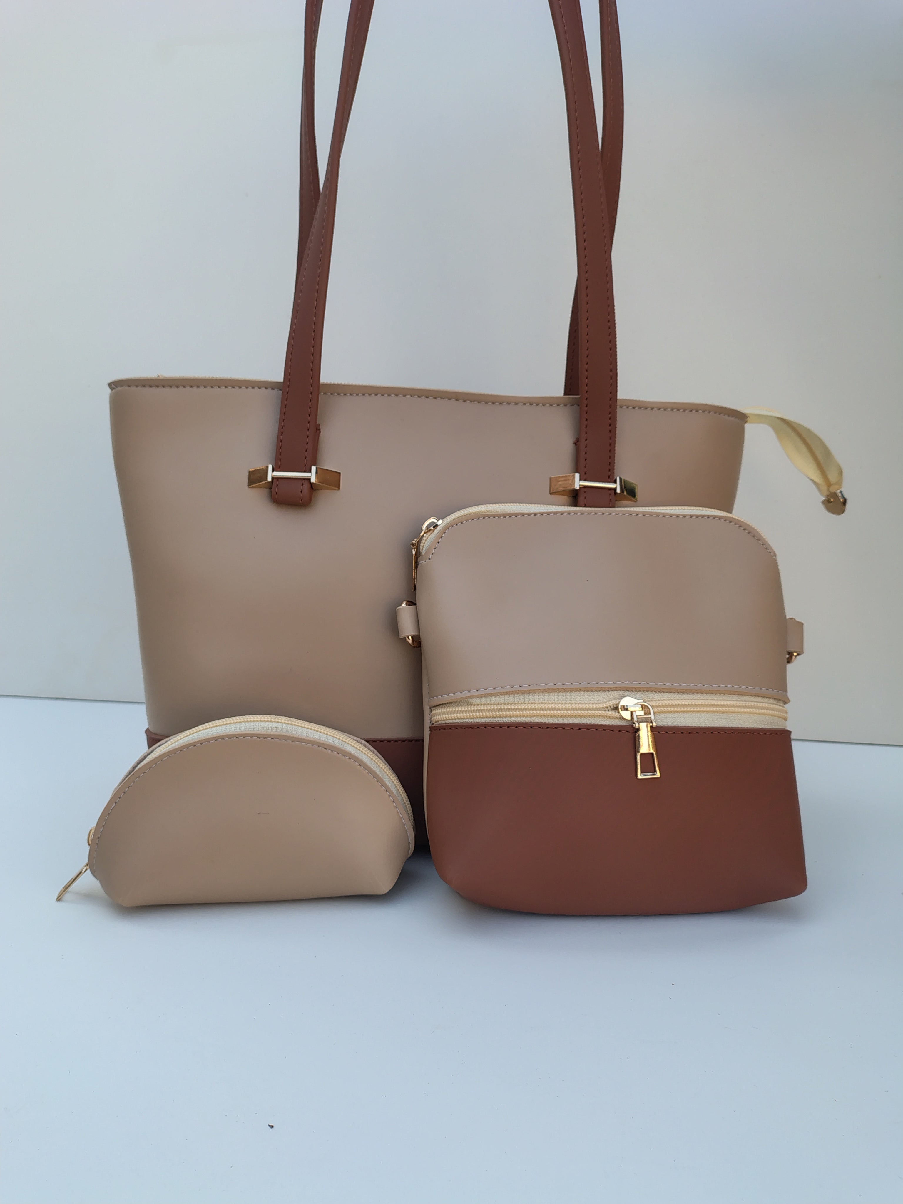 Hellebury Dual-Tone Classic Tote Bag – Coffee Brown & Beige Handbag