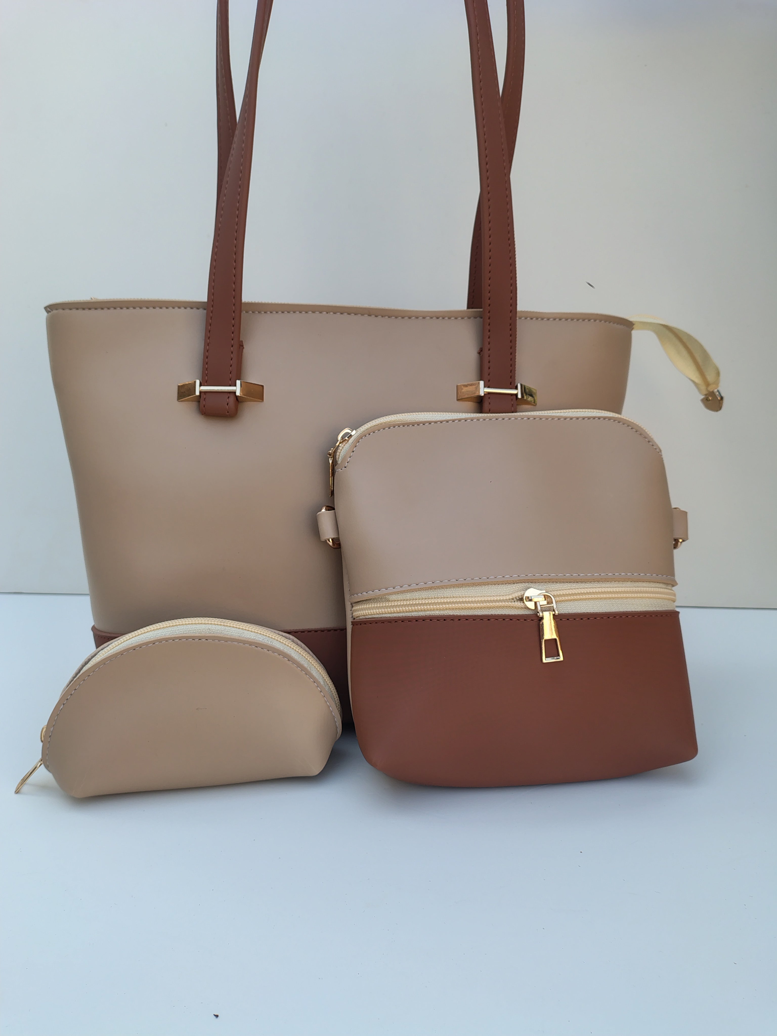 Hellebury Dual-Tone Classic Tote Bag – Coffee Brown & Beige Handbag