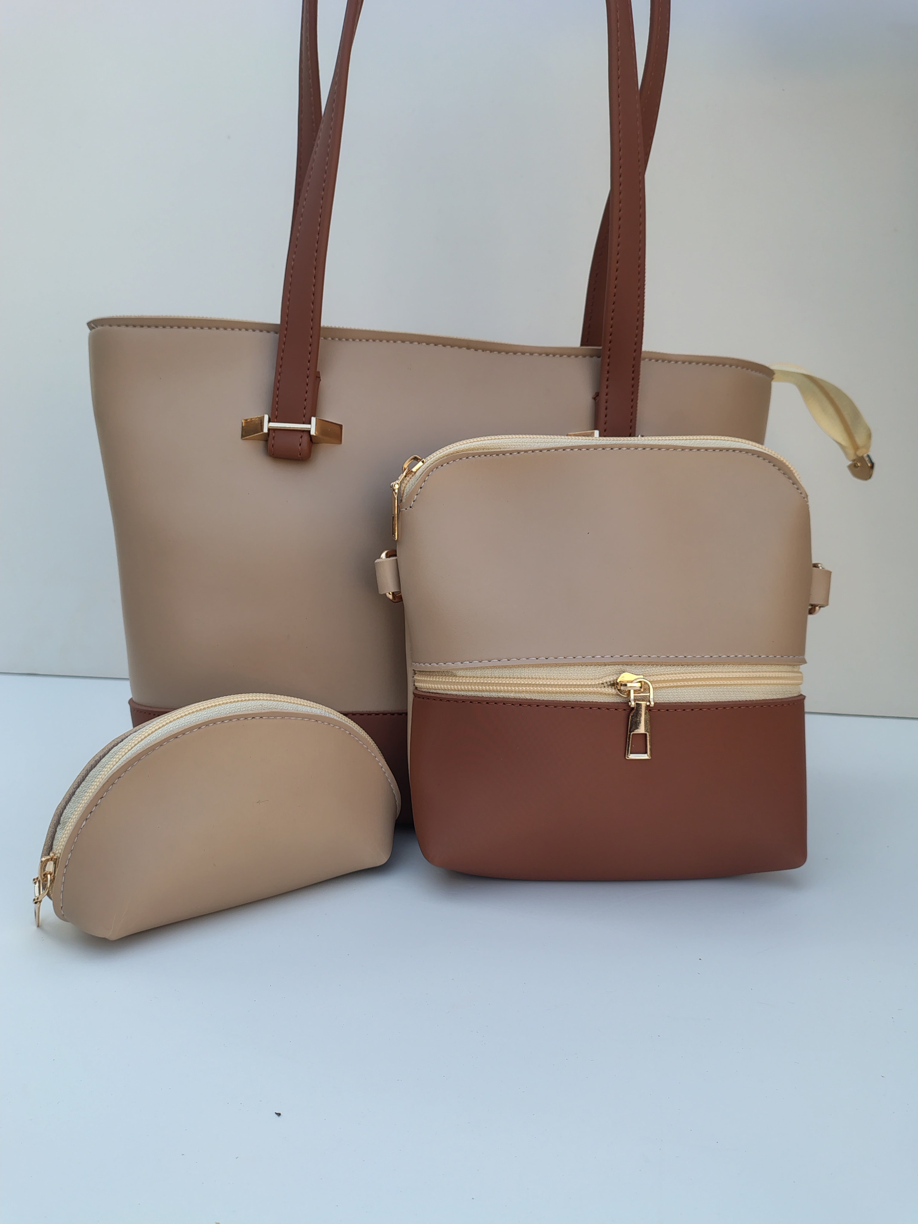 Hellebury Dual-Tone Classic Tote Bag – Coffee Brown & Beige Handbag