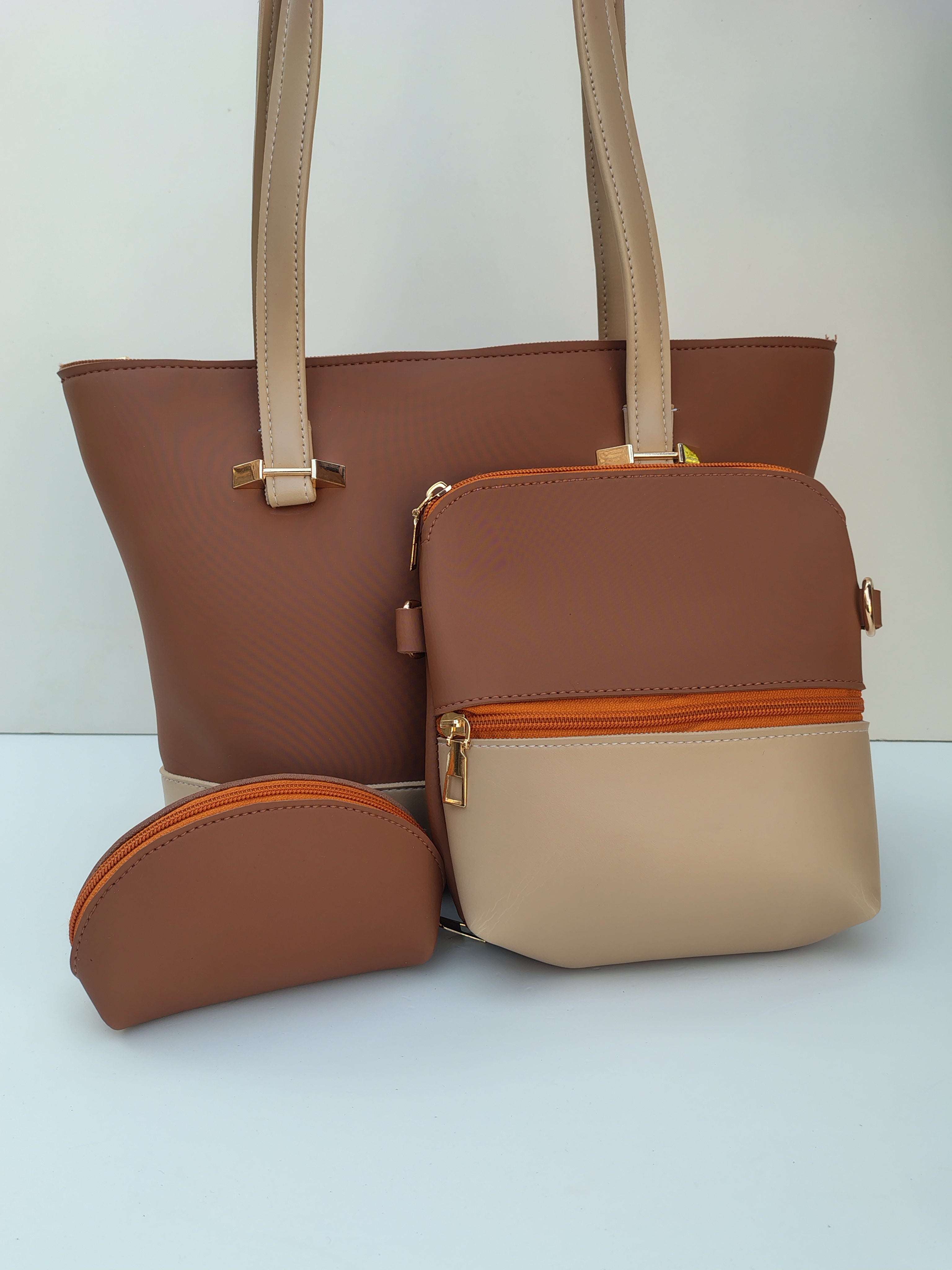 Hellebury Dual-Tone Classic Tote Bag – Coffee Brown & Beige Handbag