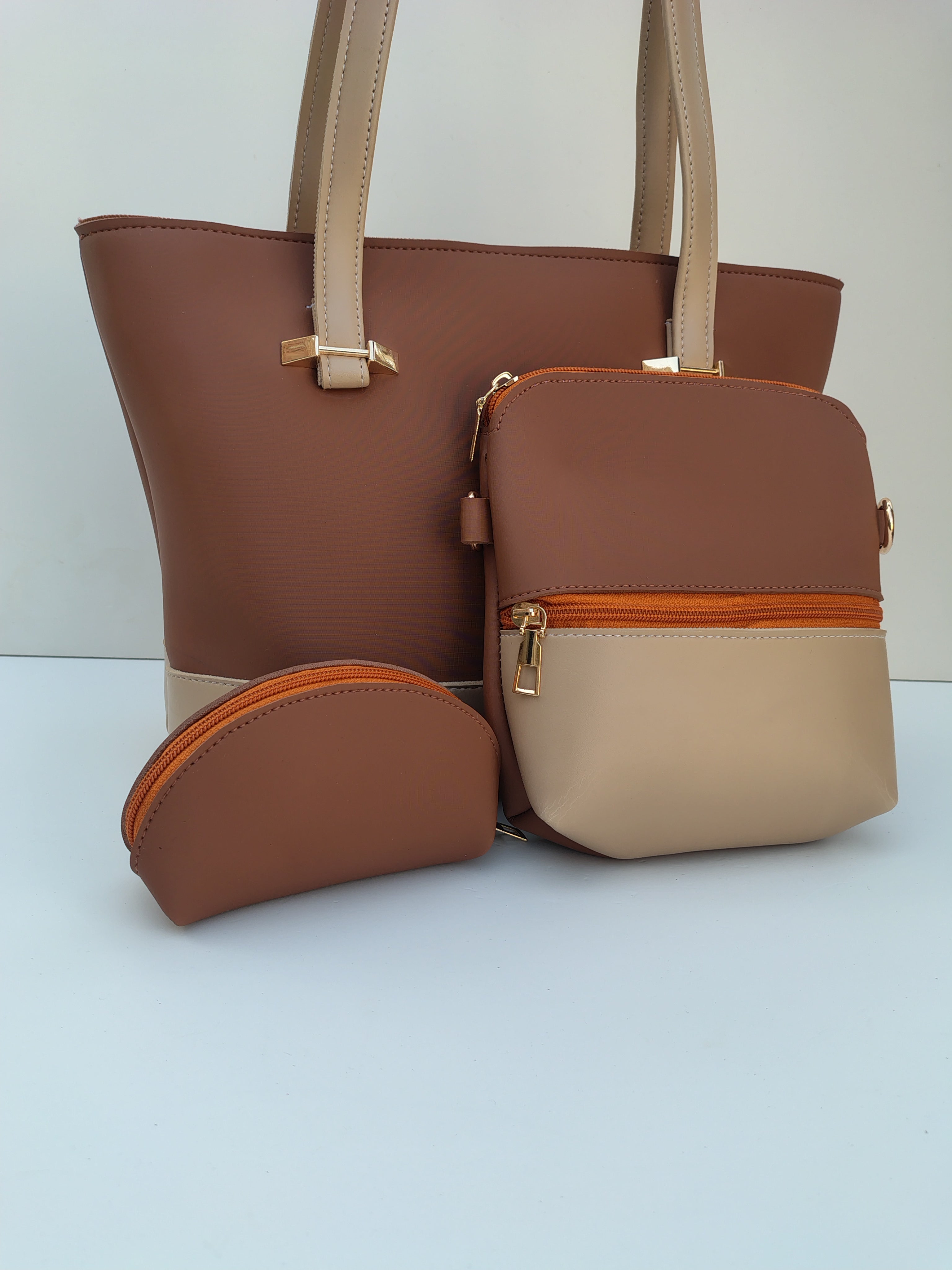 Hellebury Dual-Tone Classic Tote Bag – Coffee Brown & Beige Handbag